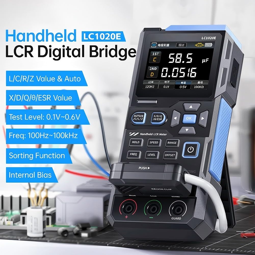 Digitales LCR-Meter, tragbarer Brücken-LCR-ESR-Tester mit 100 Hz/120 Hz/1 kHz/10 kHz/100 kHz Prüffrequenzen zur Messung von Kapazität, Induktivität und elektronischen Bauteilen