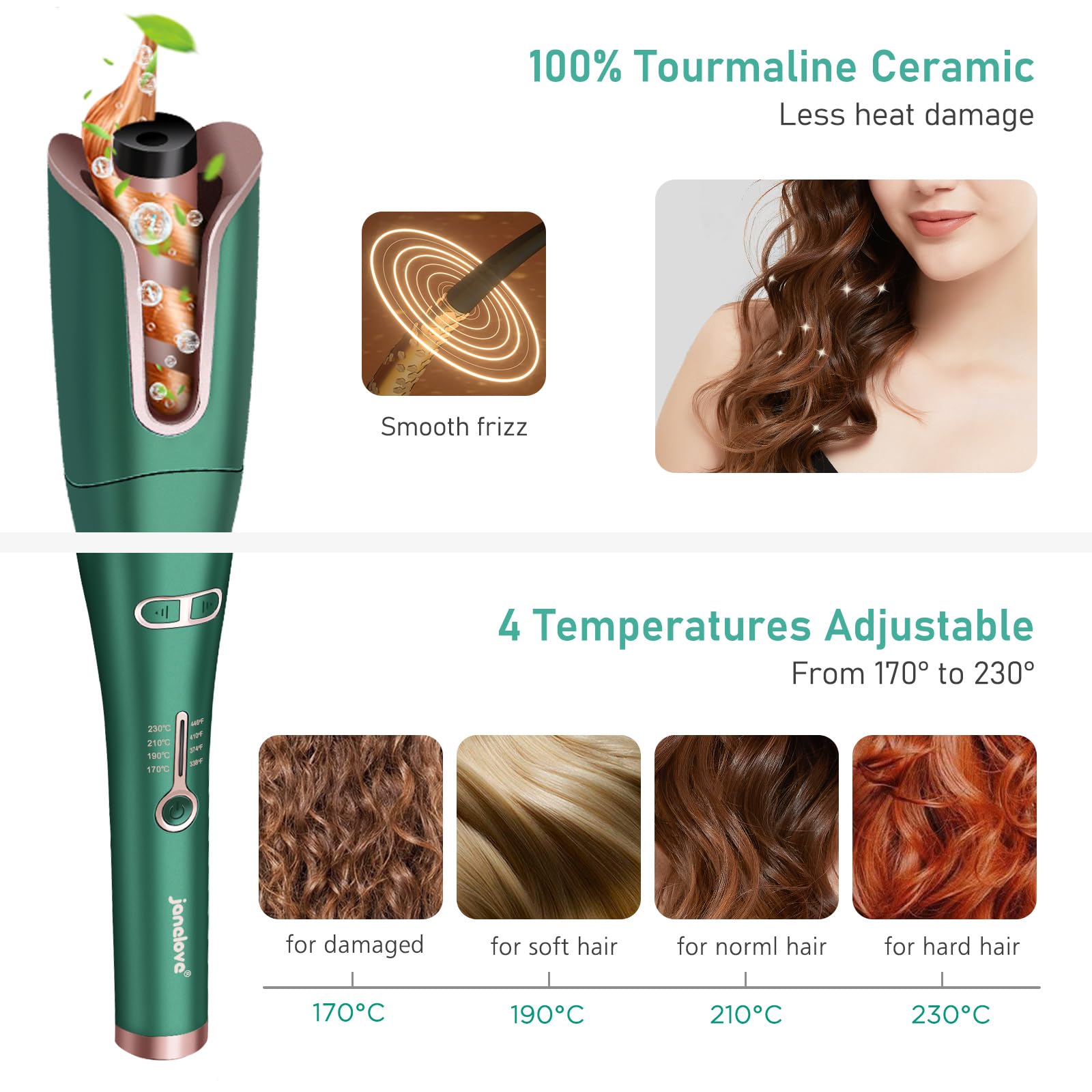 janelove Boucleur Automatique - 25mm Fer a Boucler Cheveux avec 4 Températures Réglable, Fer à Friser Automatique Ceramic Curling Iron pour Long Cheveux - Vert