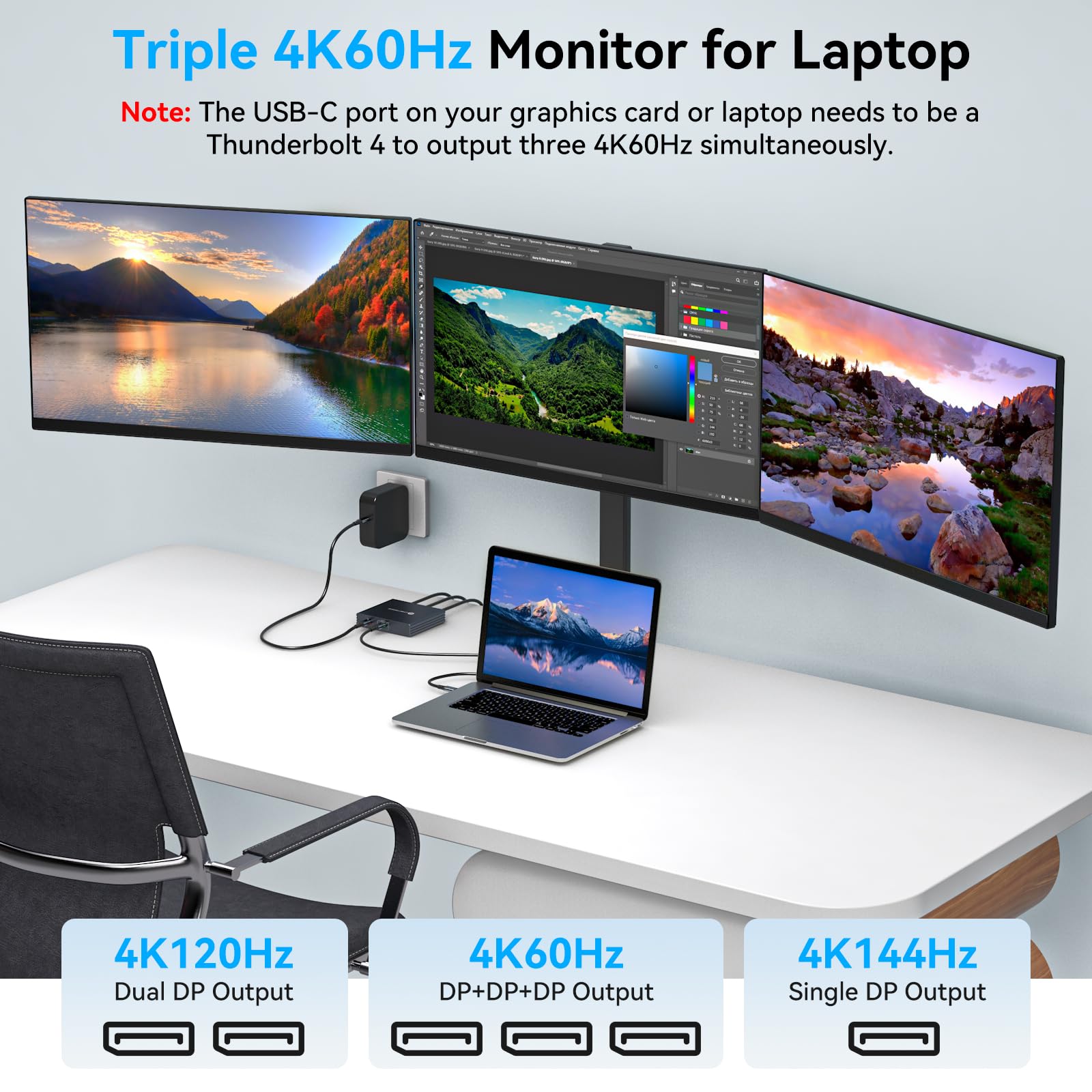 VEDINDUST USB-C zu DisplayPort Splitter für 3 Monitore 4K@60Hz Thunderbolt to 3 Displayport Splitter 1.4 100W PD Unterstützt MST und SST Modi MST Extended Display nur für Windows