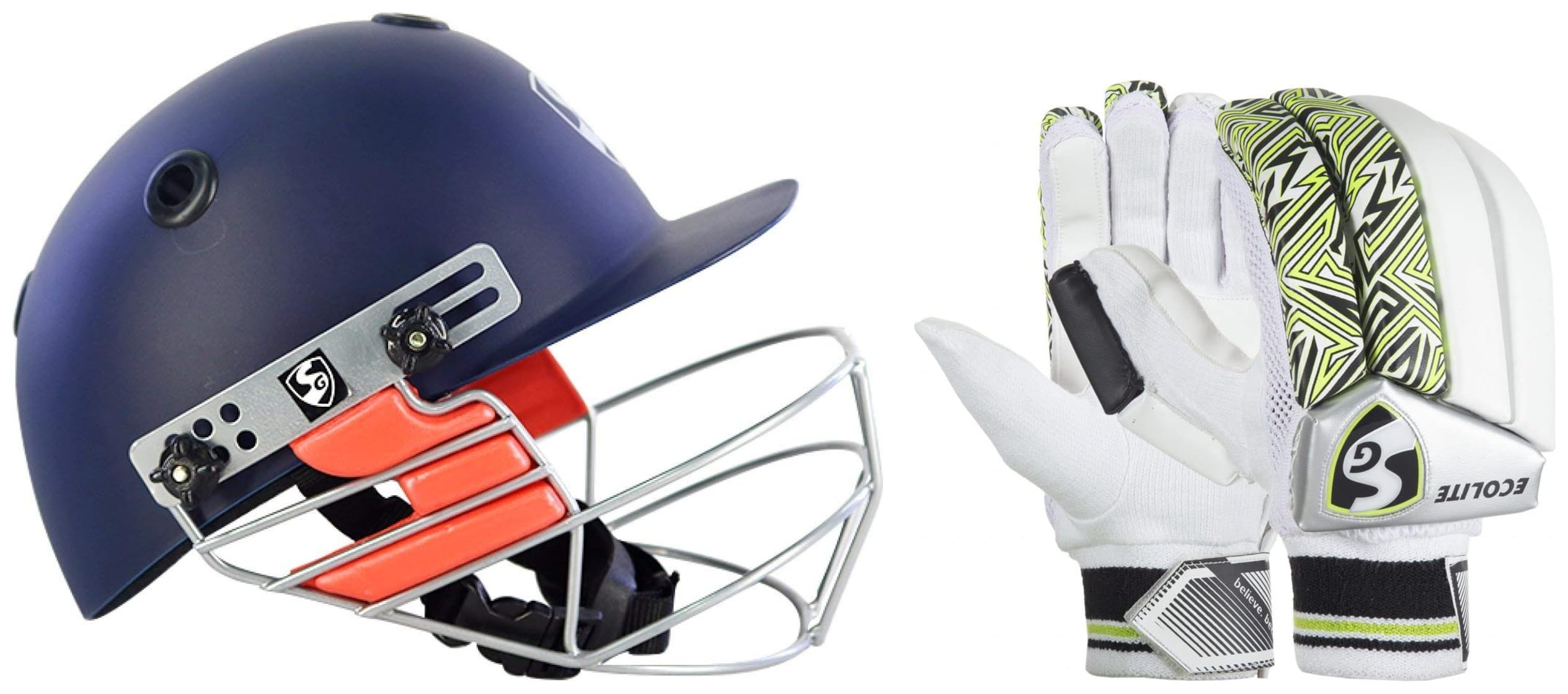 SG Optipro Cricket Helmets, Medium, Navy Blue & SG Ecolite RH Batting Gloves, Junior (Color May Vary)