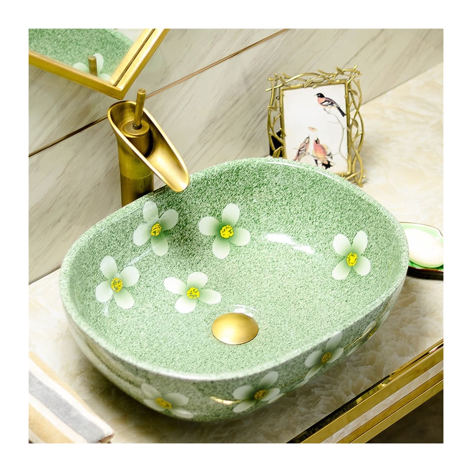 Hpthly Gold Bathroom Sink 18.9"X15.3" Ceramic Bathroom Vessel Sink Bowl Oval Art Countertop Vanity Wash Basin With Flower Pattern Bathroom Vessel Sink (Gold)
