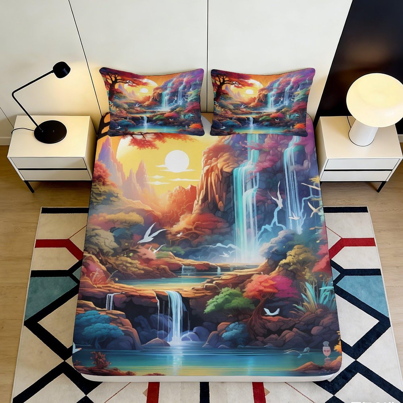 3D Printed Sunset Waterfall Fitted Sheet Microfiber Soft Breathable Scenic Bed Cover for Bedroom Dormitory Guest Room Mattress Protection Decor 180x200x25cm