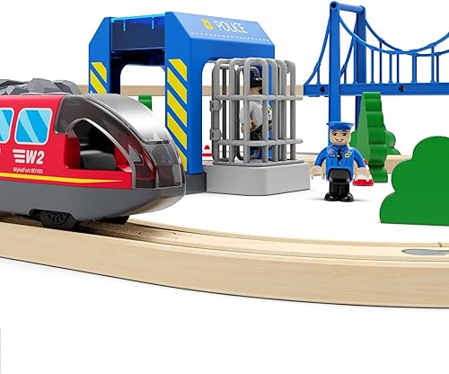 Miniatura 8 de Z MAYABBO Accesorios de tren de madera de la estación de policía y el tren de control remoto se adapta al juego de pista de madera para niños