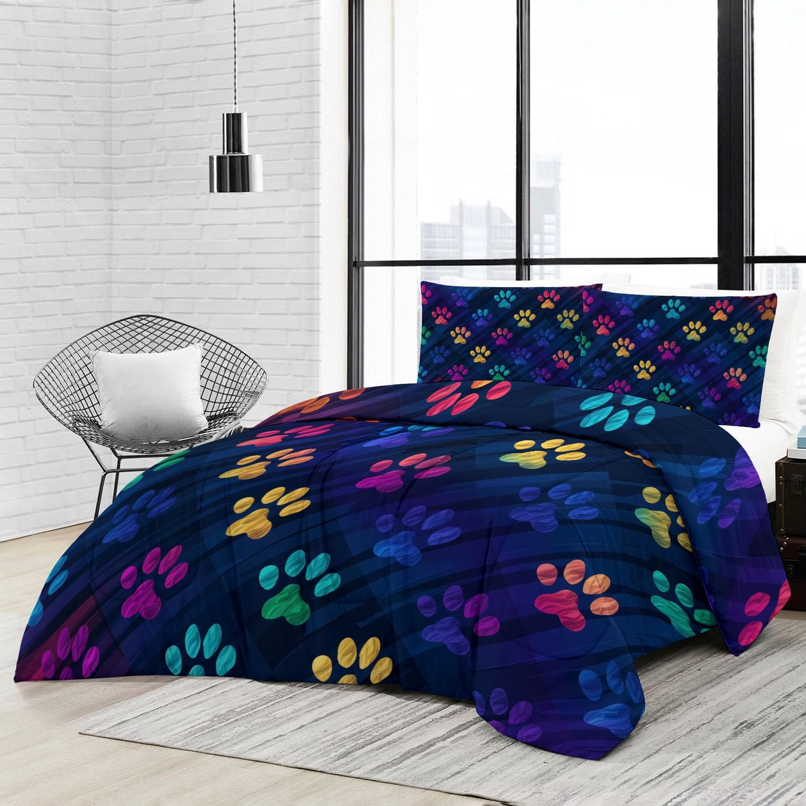 Kołdra 4 pory roku 200x200 cm - bez pokrowca, zima i gorące lato, zmywalne, hipoalergiczne - Nowoczesna minimalistyczna pościel ze śladami łapy psa, ciemnoniebieski