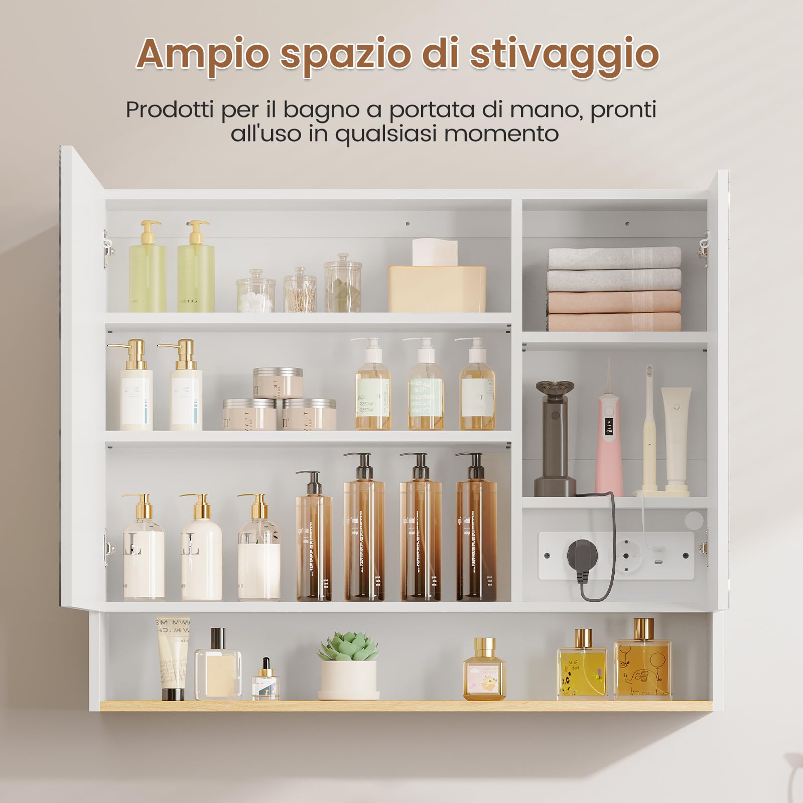 Specchio Bagno Contenitore 80x16x65 cm con Luce LED e Presa Elettrica, Specchiera Bagno con Ripiani Regolabili, Mobile Bagno con Specchio, 3 Temperature di Colore, Comandi Touch, HD, Bianco