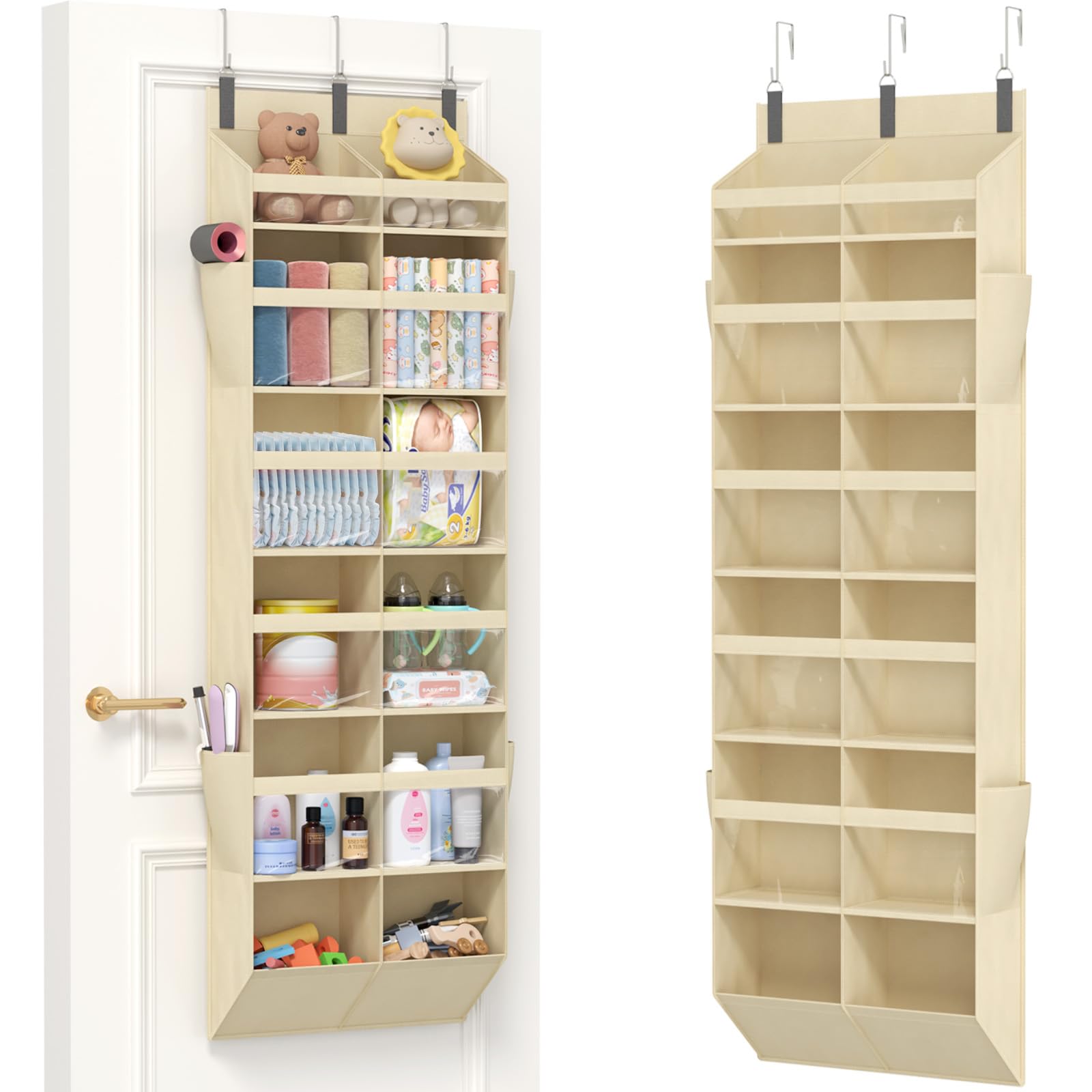 Lifewit Over the Door Storage, Clear Hanging Organiser with 4 Side Pockets, Anti Tilt 40 lbs Load Behind Door for Dorm, University Essentials, Room, Bedroom, Nursery, 12 Section, Beige