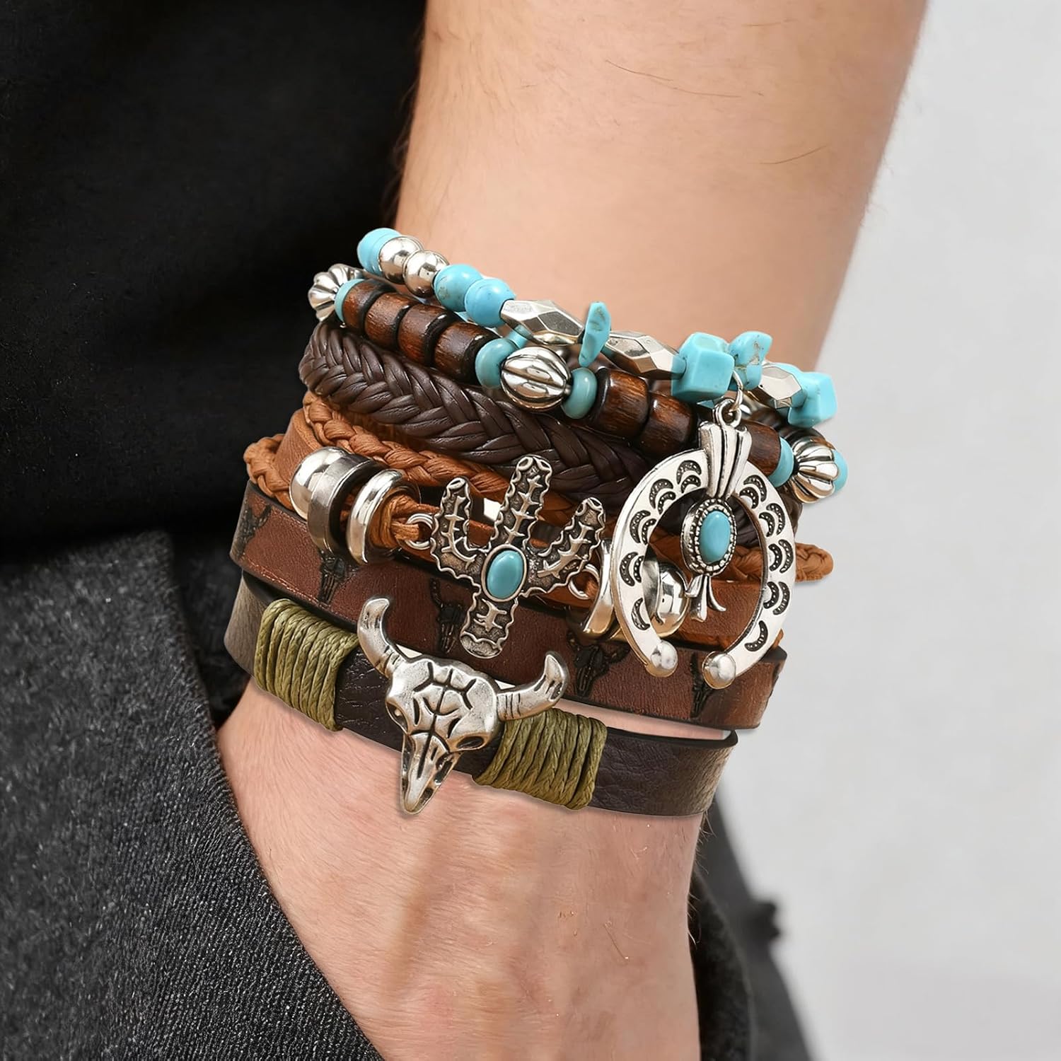 Western Bracelet for Women,Bohemian Cowgirl Turquoise Beaded Stretch Bracelets,Vintage Stackable Bull Head Cowboy Boots Feather Bracelets Set,Country Ethnic Western Jewelry Accessories for Women Men - Image 5