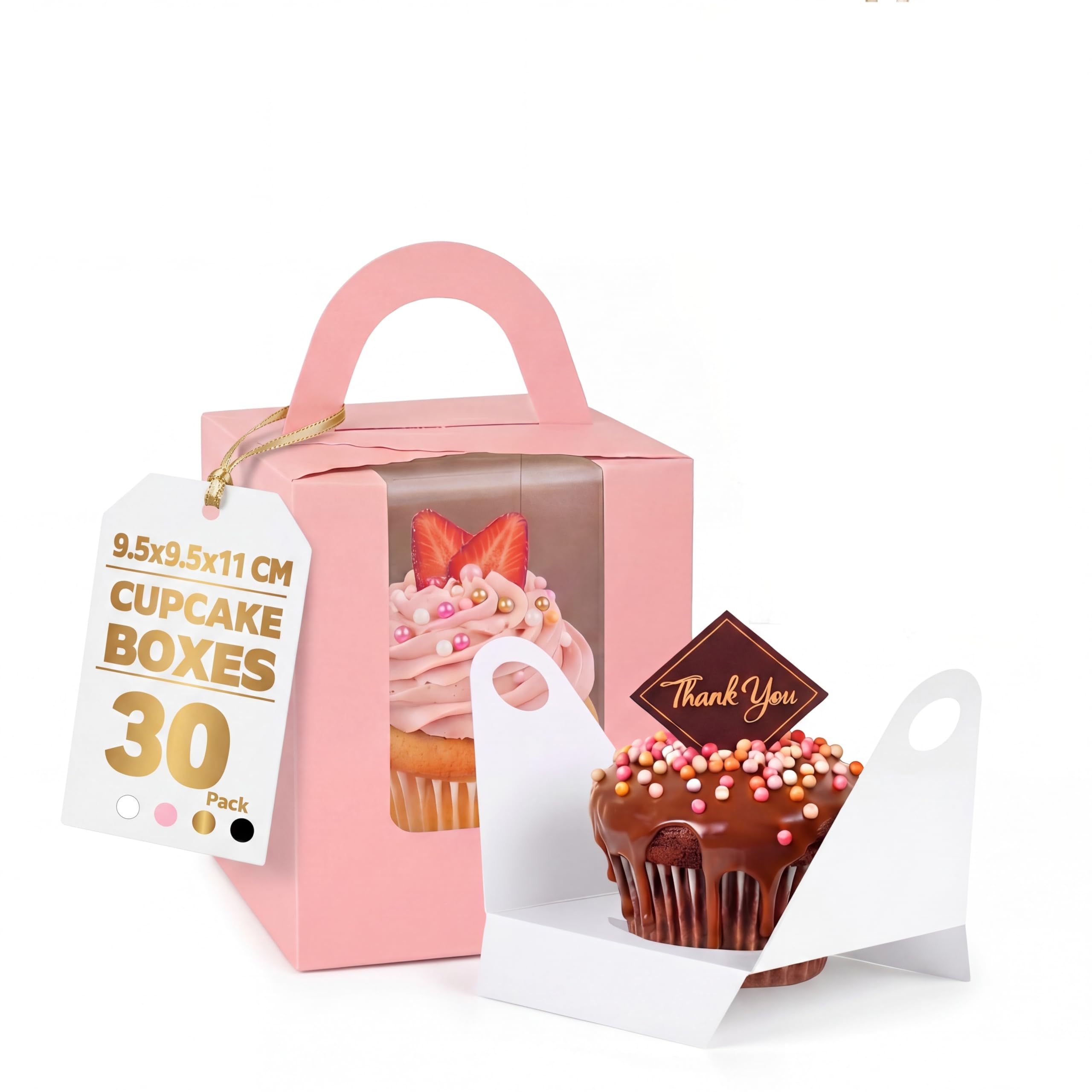 30 Pack Individual Cupcake Boxes with Window & Handle (3.7"x3.7"x4.3"), Sturdy Single Muffin Holders with Secure Inserts, Soft Pink Bakery Treat Boxes for Wedding, Birthday, Graduation Party Favours