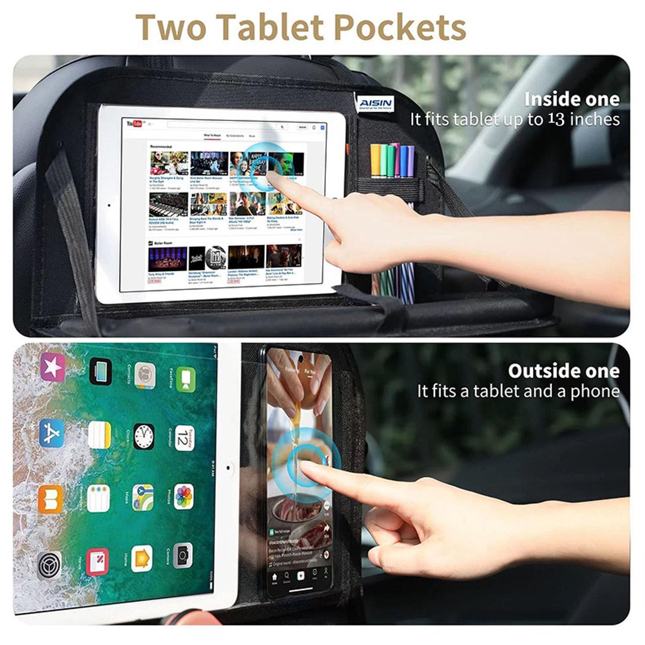 Confezione da 2 organizer per sedile posteriore dell'auto con vassoio pieghevole per alimenti, multi-tasca, multifunzionale, da appendere, con supporto per tablet, tappetini per bambini per