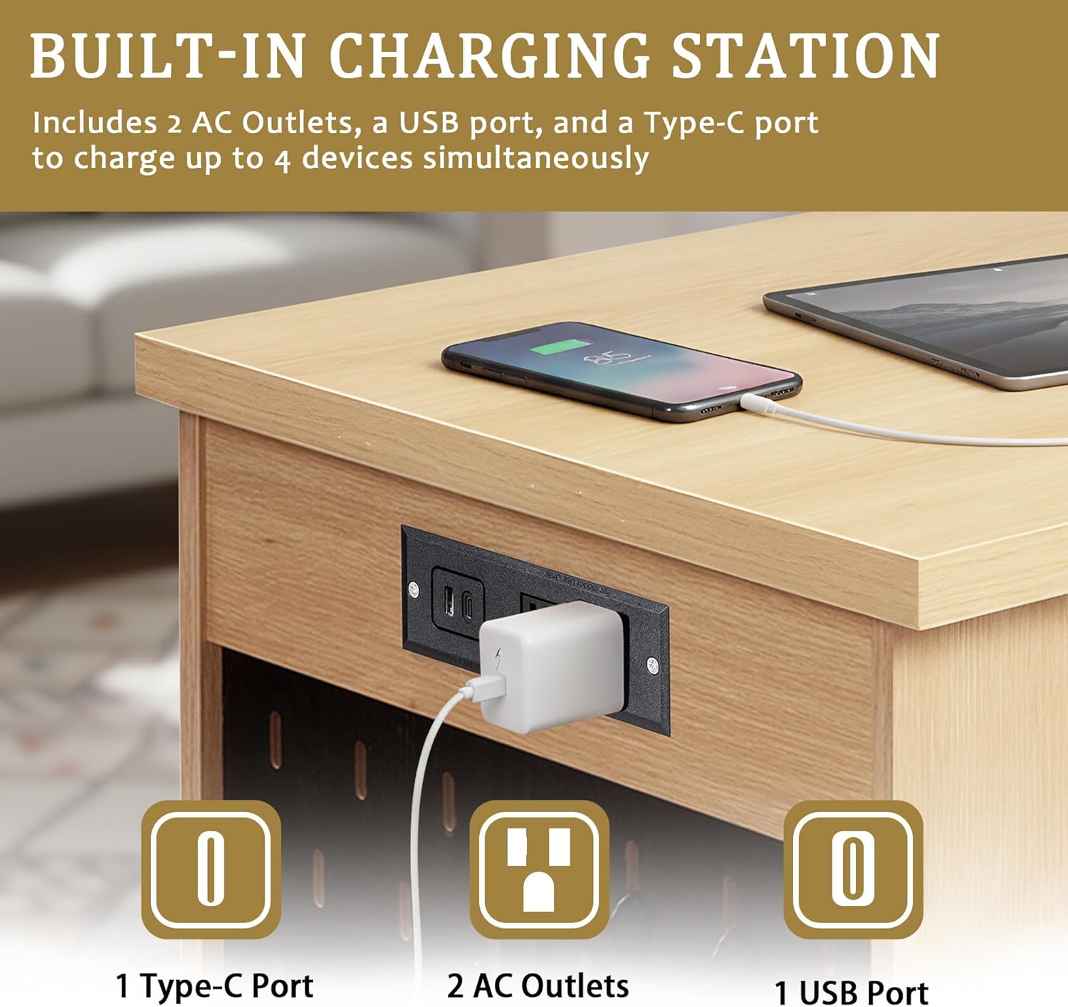 55" Computer Desk with Drawer,Home Office Desk with Power Outlets, Fluted Work Study Gaming Desk with Keyboard Tray for Living Room, Bedroom(Oak)