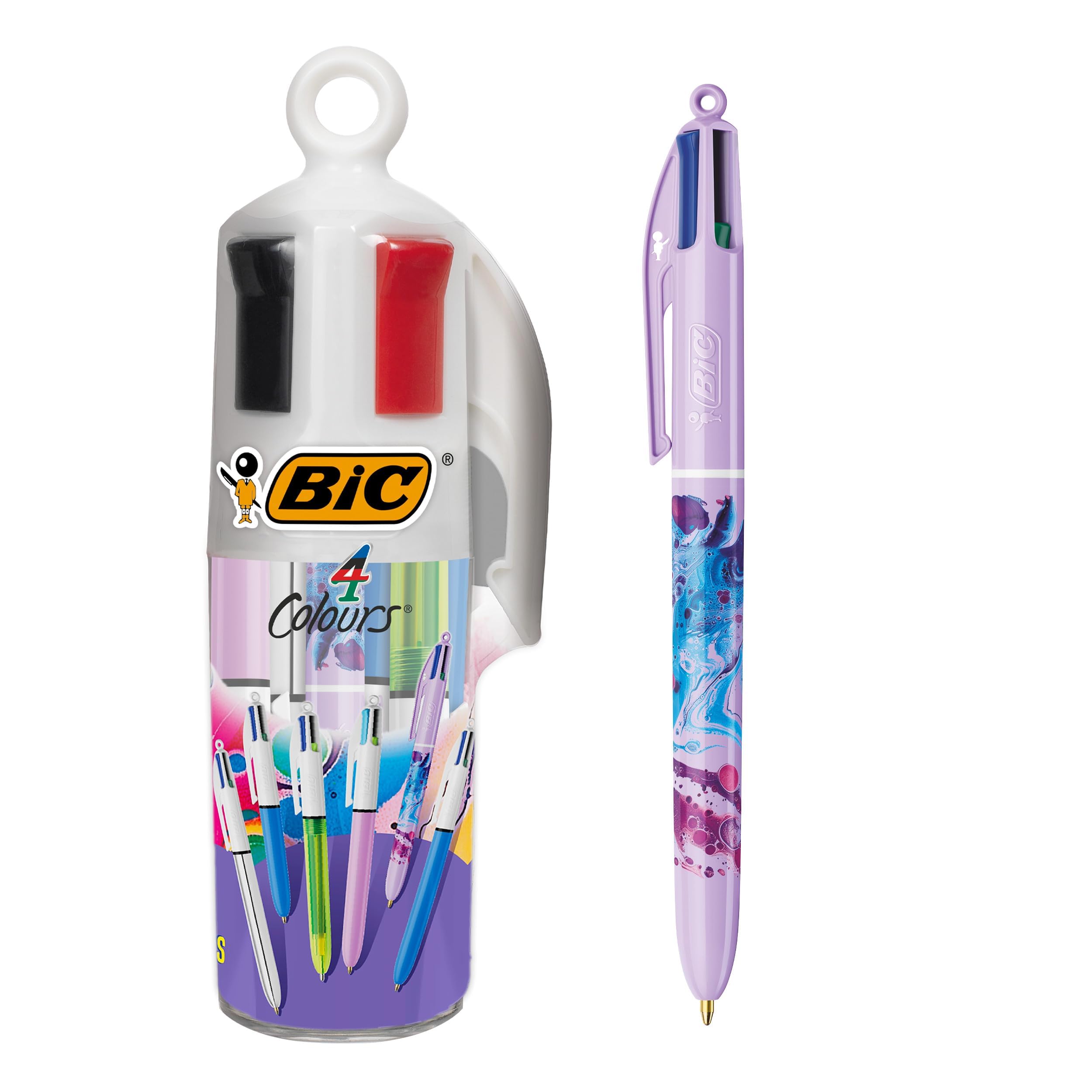 BIC 4 Colours Ballpoint Pens and Case - Set of 6 Pens and Decorative Pen Pot - Variety of Fun Designs, Original Size Pens and 1 Mini