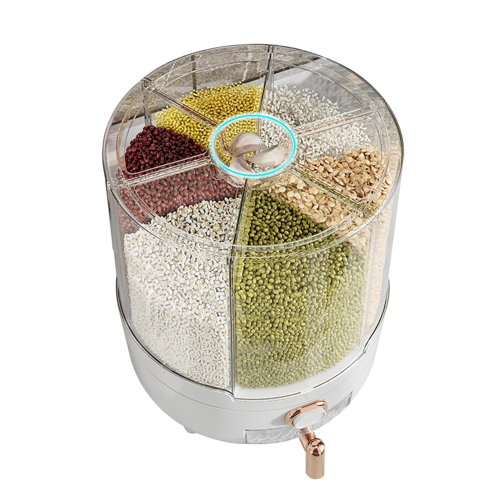 Contenedor de arroz | Dispensador de granos giratorio de 360° | Contenedor de almacenamiento de arroz con 6 compartimentos | Tapa extraíble | Dispensador de almacenamiento de lentejas