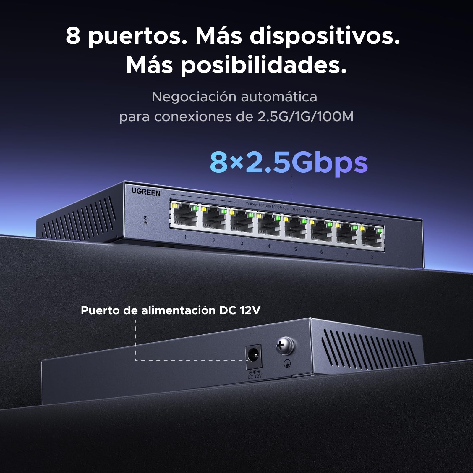 UGREEN 2.5G Switch Ethernet 8X2.5G Puertos, Plug y Play (8 Puertos) | Switch RJ45 Carcasa Metal No Gestionado 4KV Multiprise RJ45 Montaje Mural para PC NAS Servidor Consola de Juegos Vídeo 4K/8K