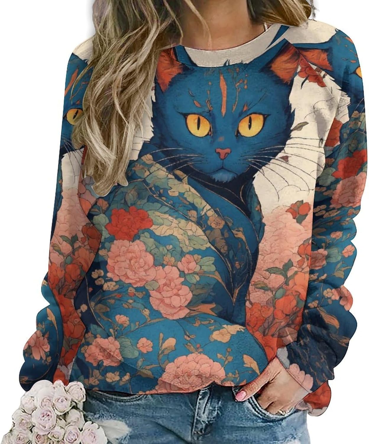 Cat Sweatshirts for Women Cute Cat Sweater Graphic Crewneck Sweatshirts Oversized Novelty Funny Sweatshirts Sweater