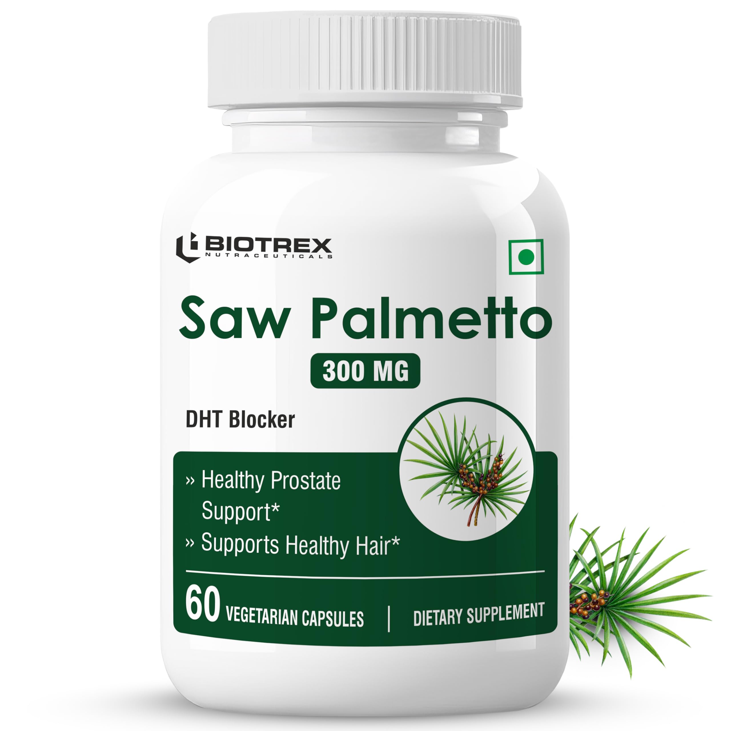 Saw Palmetto 300mg | Prostate Health & Urinary Support | Hair Growth | DHT Blocker | Advanced Natural Source Supplement With 45% Fatty Acids | 60 Veg Capsules