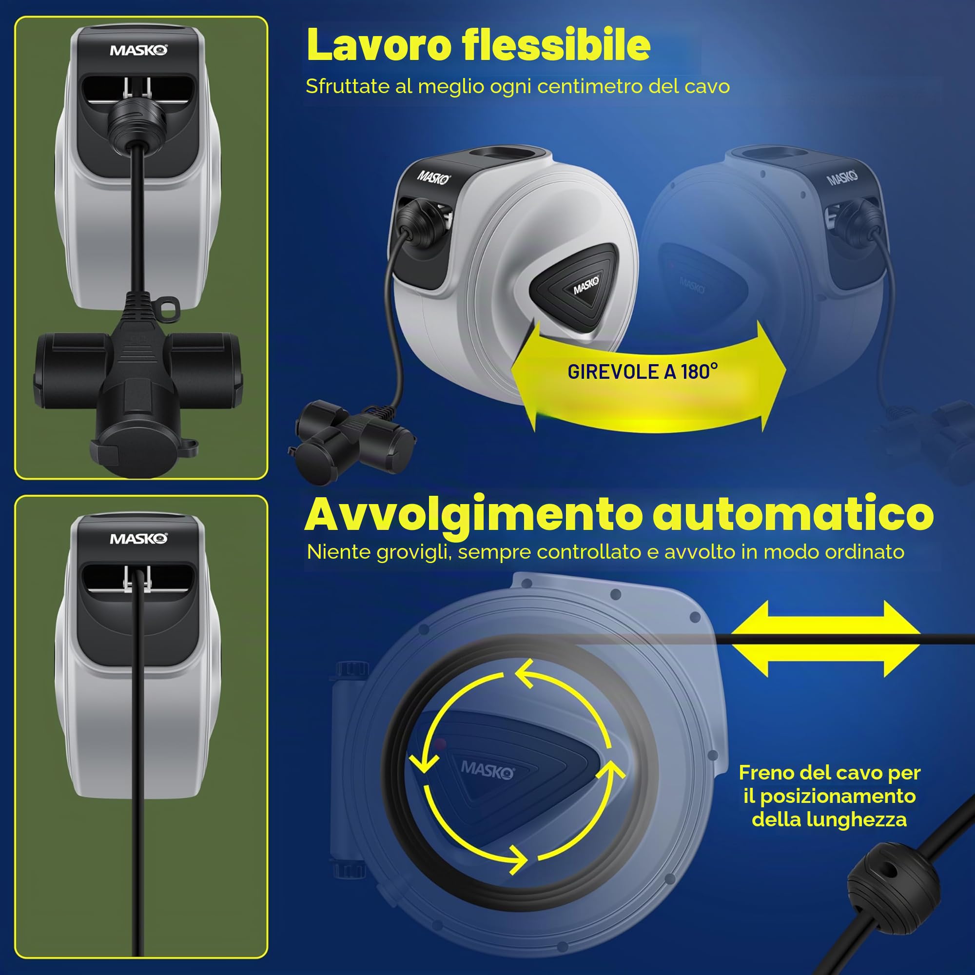 MASKO® Avvolgicavo automatico Cavo di prolunga con collegamento a 3 vie Ruotabile di 180° Cavo da 1,5 m Staffa a muro Avvolgicavo da officina Avvolgitore di corrente automatico Incl. guanti - 15 m