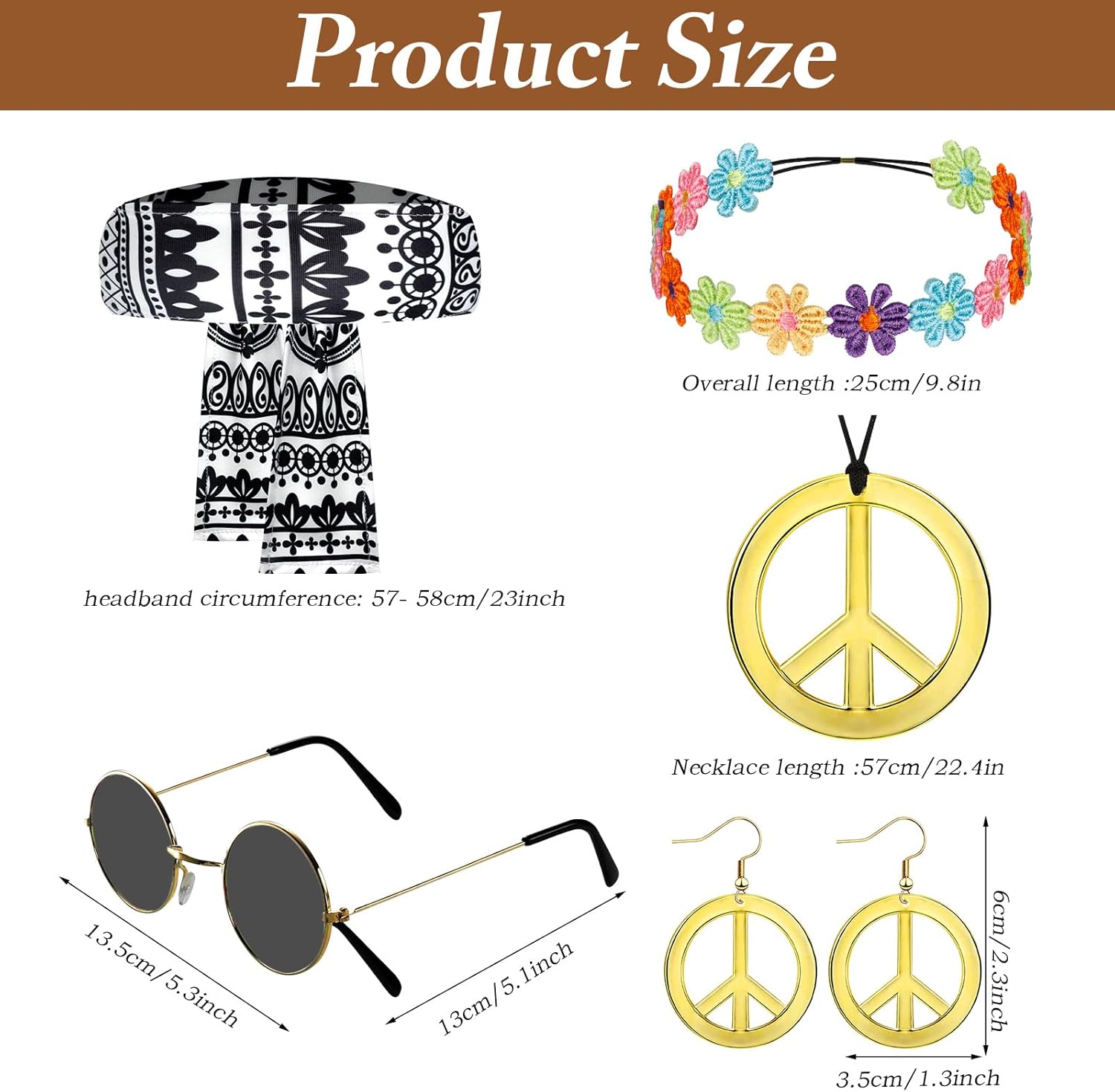 8 PCS 60s Women Hippie Costume, 70s Hippie Outfits with Tops and Flared Pants Glasses Necklace Set for Christmas - Image 4