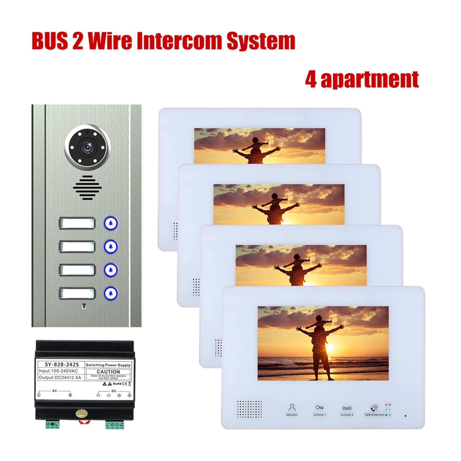 Videoportero con cámara de alta definición, 7 pulgadas Autobús 2 Kit de sistemas de intercomunicadores de teléfono de video for cables for casa 1 unidades Apartamento Noche Visión Audio claro, Fácil d