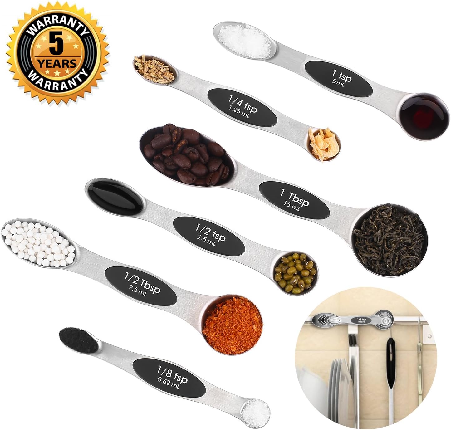 Premium Measuring Spoons, 18/10 Stainless Steel Magnetic Measuring Spoon, Set of 6 Included Teaspoon and Tablespoon for Measuring Dry and Liquid Ingredients on Cooking & Baking