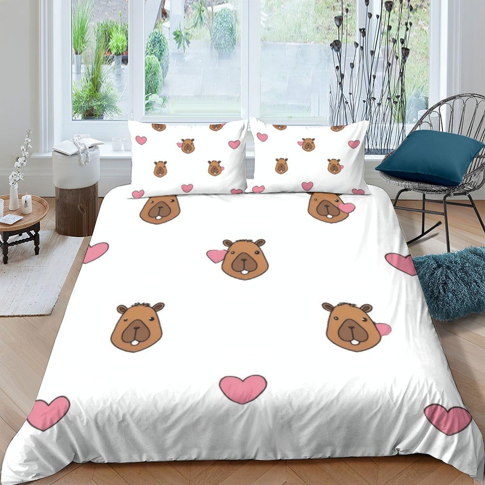 Ctjqhvkz Style-4 3D Printed Capybara Cartoon Fitted Sheet Microfiber Anti-Slip Pink Heart Bed Cover For Bedroom Dorm Decor Easy Care Single（135X200cm）
