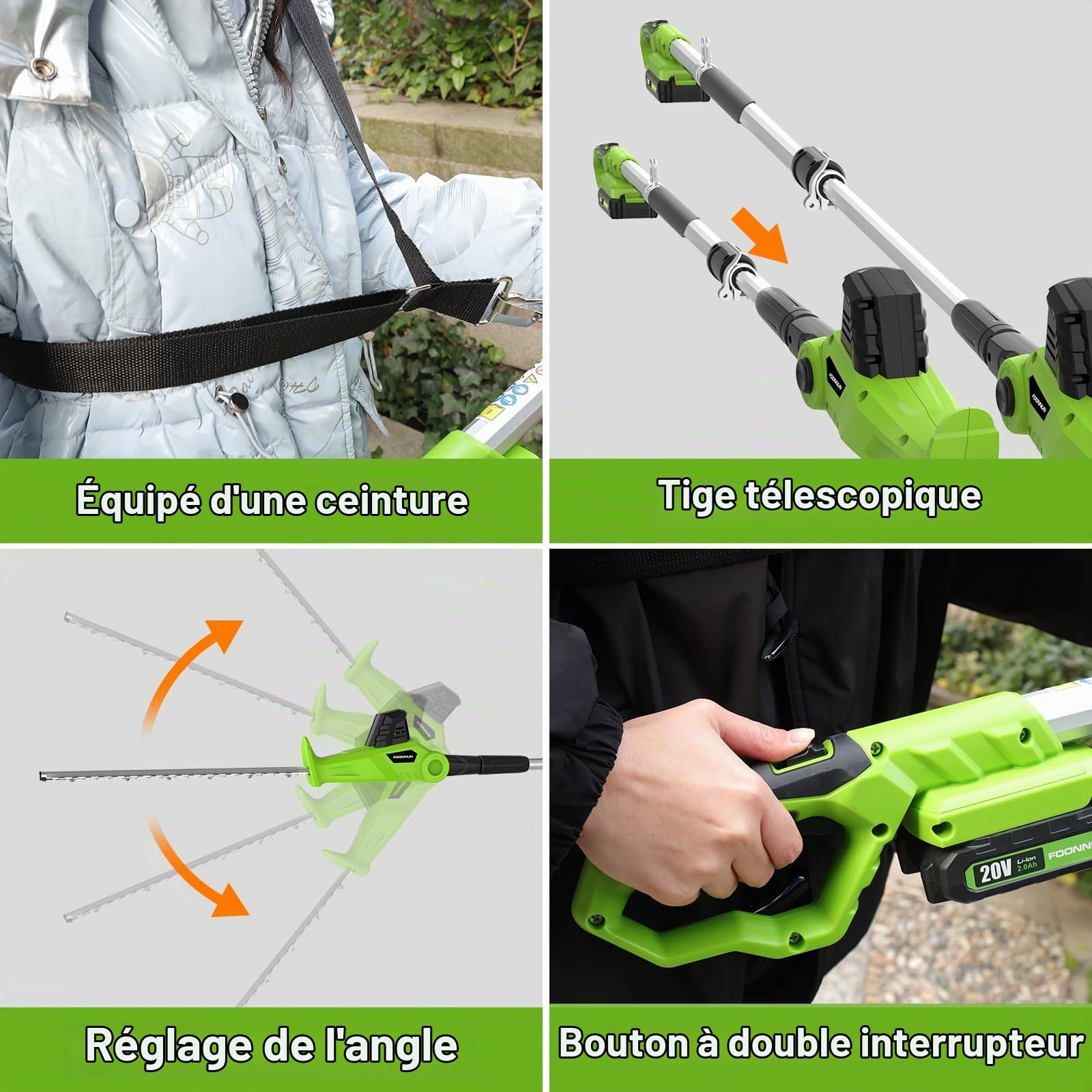 Taille Haie Télescopique Sans Fil, Taille-Haies Électrique Sans Fil 20V 2.0Ah, (Longueur: 41cm,Capacité: 16mm), Multifunktion Taille-Haies, Avec 1 Batterie Chargeur, Pole D'extension De Cutter