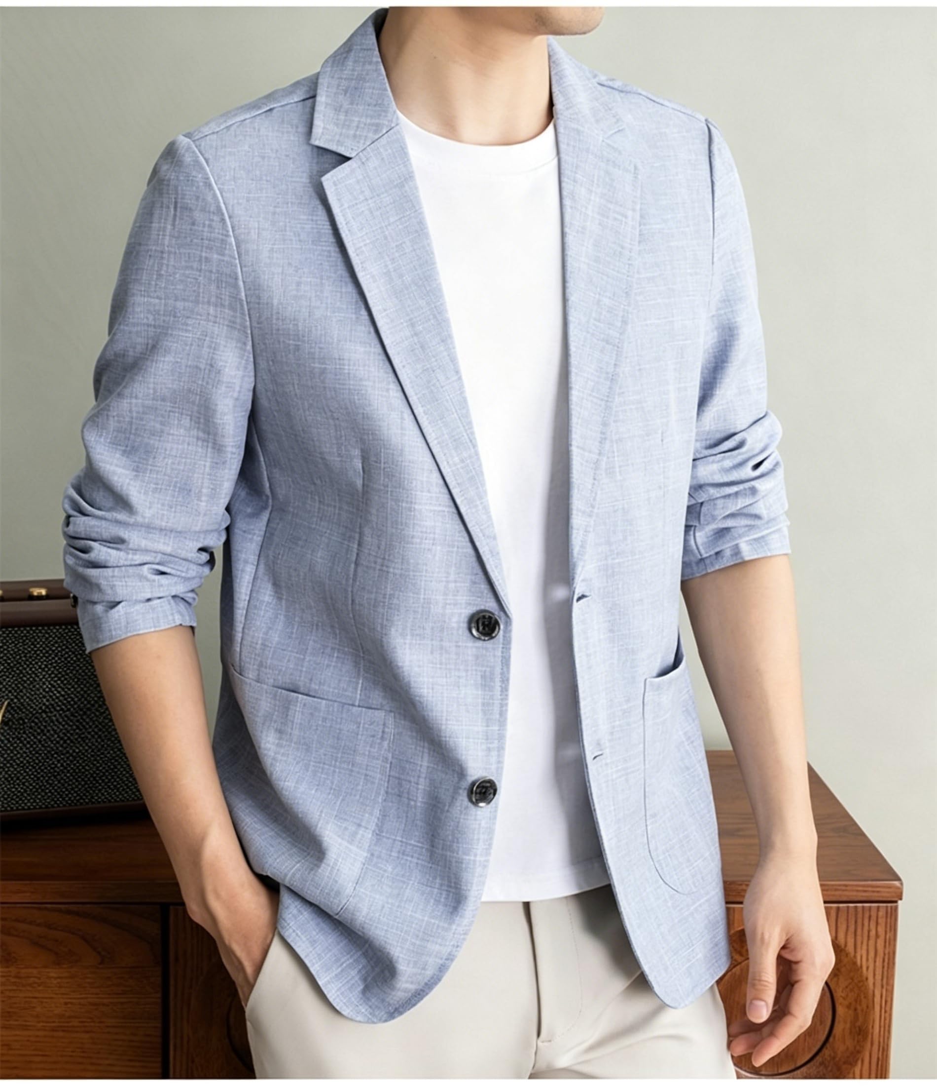 Blazer Estivo Casual da Uomo in Lino Sfoderato con Due Bottoni Revers A Tacca Giacca Sportiva Testurizzata Blazer da Ufficio Leggero per Viaggi Quotidiani.