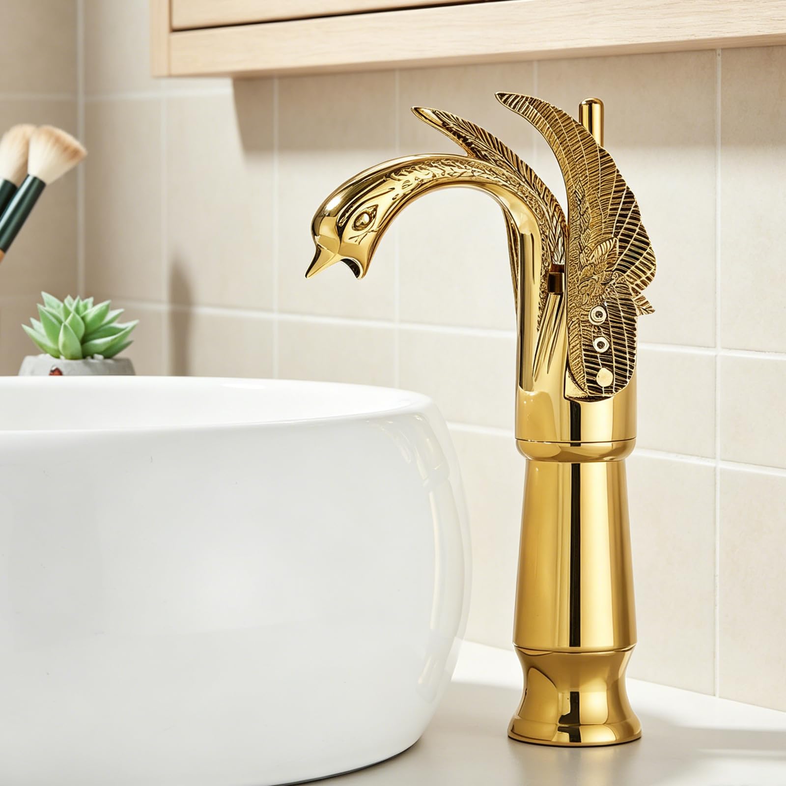 JUNSHENG Miscelatore per Bagno, Miscelatore per Bagno in Ottone, Finitura Oro, con Maniglia a Cigno, Facile da Installare，Acqua Calda e Fredda