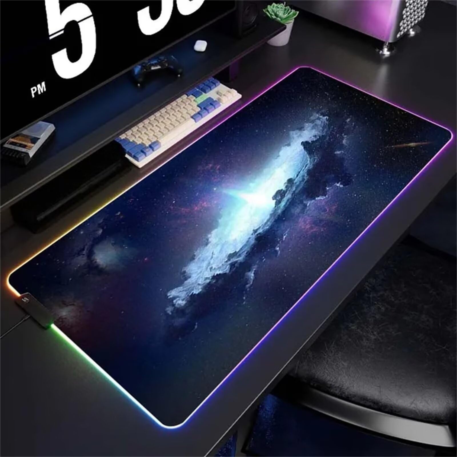 Universo Espacial RGB Alfombrilla de ratón para Juegos 900x400x4mm Alfombrilla Ratón Grande Alfombrilla de Escritorio LED con Base de Goma Antideslizante para Gamers PC y Portátil