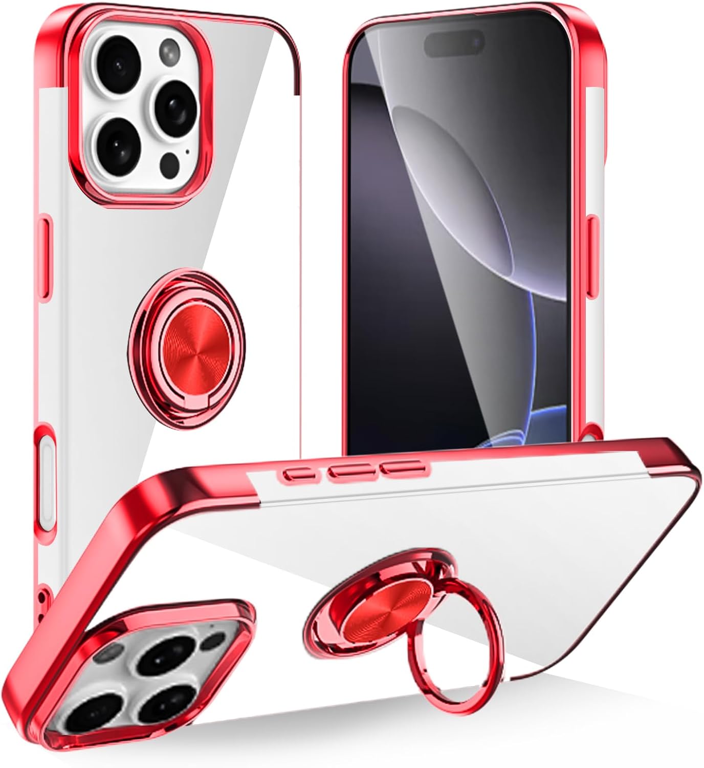 Tnarru Designed for iPhone 16 Pro Clear Case with Stand [Magnetic Ring Holder Kickstand] Soft TPU Bumper Non-Yellowing Anti-Scratch Lightweight Slim for iPhone 16 Pro Case Red Red iPhone 16 Pro (6.3 Inch)