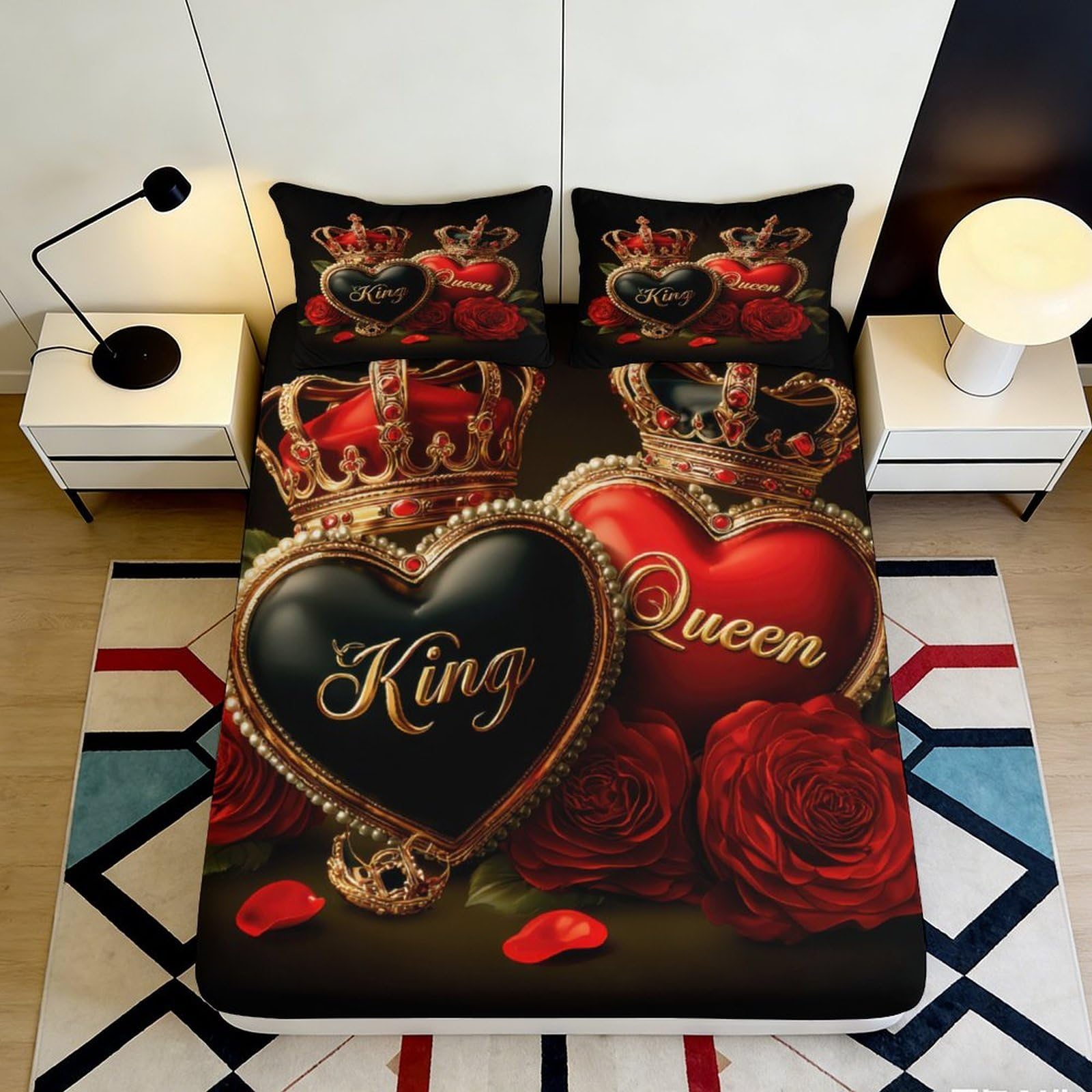 3D Printed Crown Heart Fitted Sheet Microfiber Red Rose Mattress Cover Anti-Slip for Bedroom Dorm Decor Easy Care 160x200x25cm