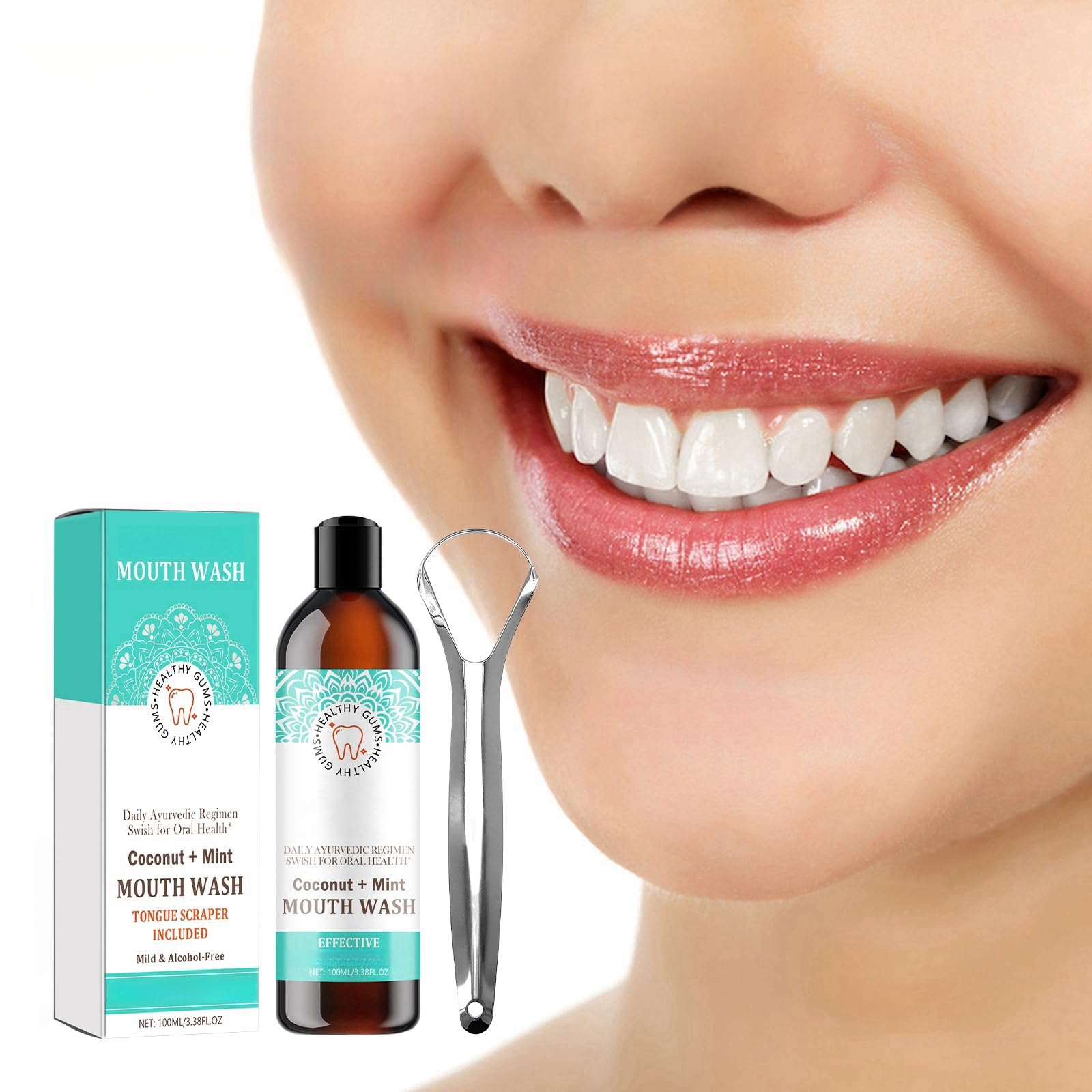 Mouthwash 100ml Comes with Tongue Scraper, Freshens Breath, Removes Yellow Stains, Cleanses the Tongue, Coconut and Peppermint Essence, Oral Hygiene, Refreshing and Cooling Sensation