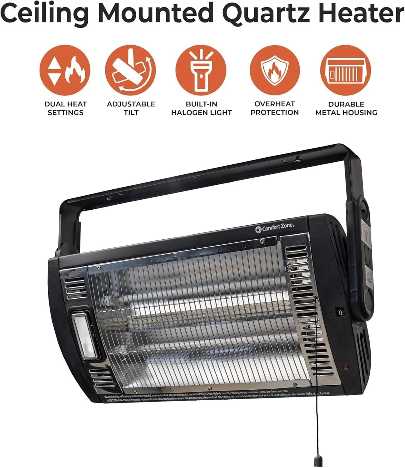 Comfort Zone 1500W Ceiling Mounted Dual Quartz Radiant Heater Infrared Workshop Heater with 90 Adjustable Tilt Built-in Halogen Light & Pull String Control Overheat Protection Black product thumbnail 3
