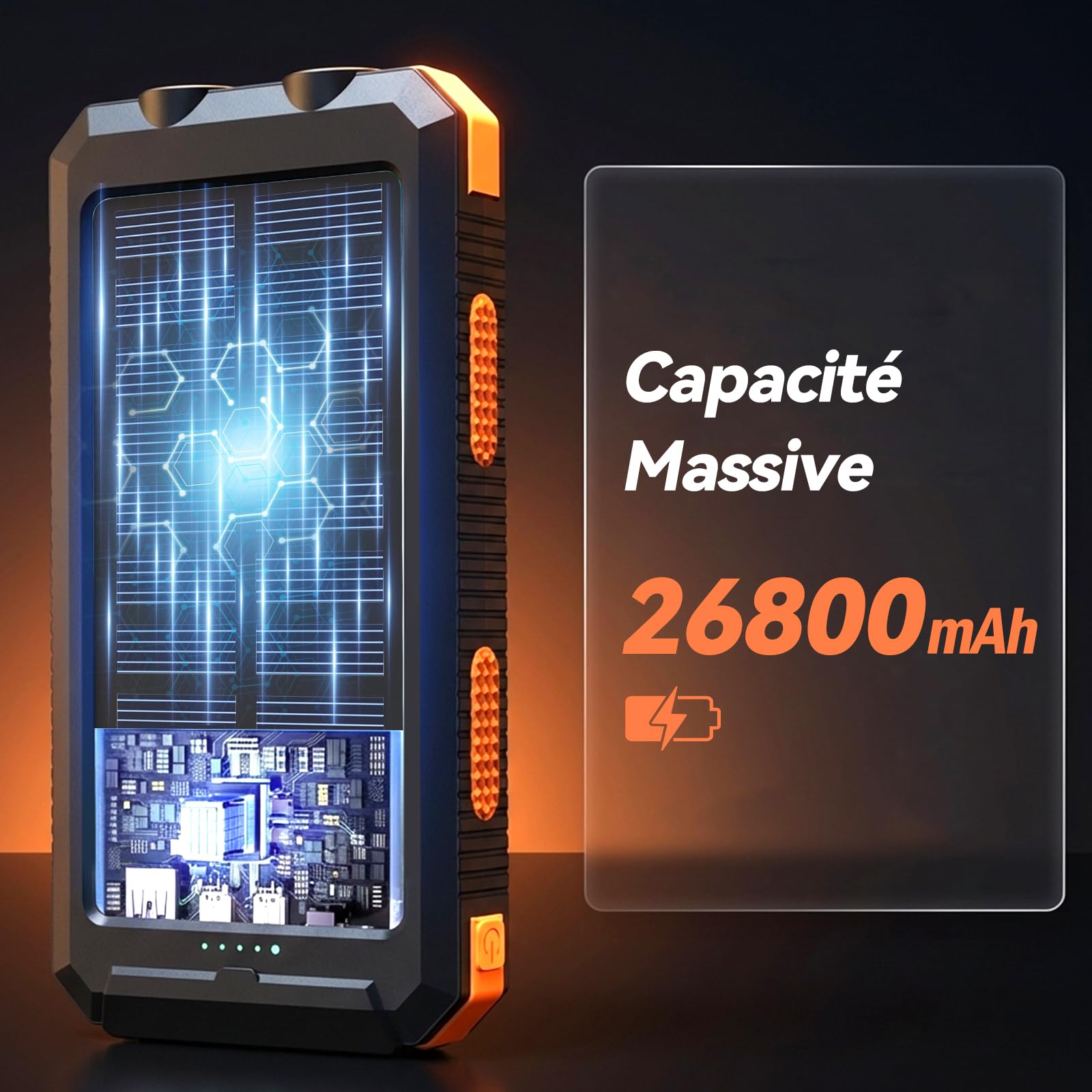 Vikeri Chargeur Solaire 26800 mAh, Batterie Externe Solaire Etanche, Port USB-C pour Une Charge Rapide, Batterie Solaire avec 4 Prises, pour Smartphones, Tablettes, etc. (Orange)