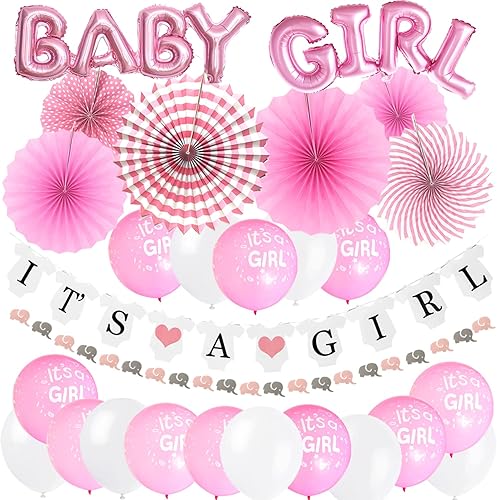 ZERODECO Decoraciones para baby shower, globo de aluminio con texto en inglés "It's a Girl", pancartas de papel para fanáticos de papel, banderas de