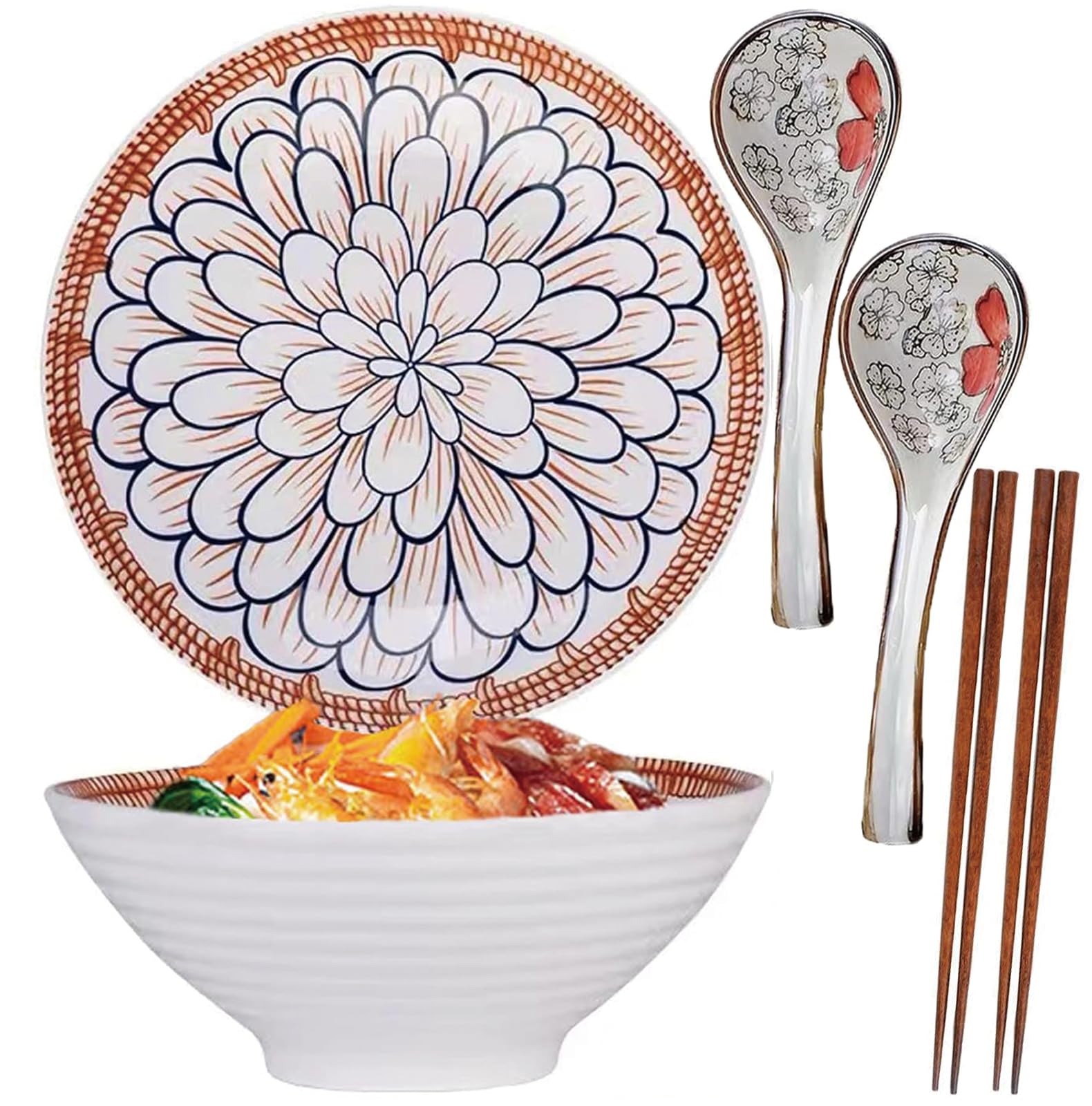 2er Set große Keramik-Schüsseln 1100 ml mit Löffel & Stäbchen