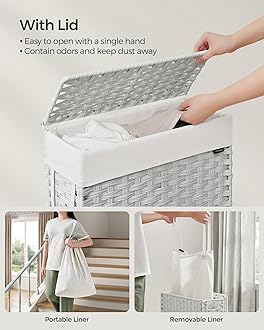 SONGMICS Slim Laundry Hamper with Lid, 14.5 Gallon (55L) Rattan Clothes Laundry Basket with Lid and Handles, Foldable, Removable Liner, Cloud White ULCB164W01