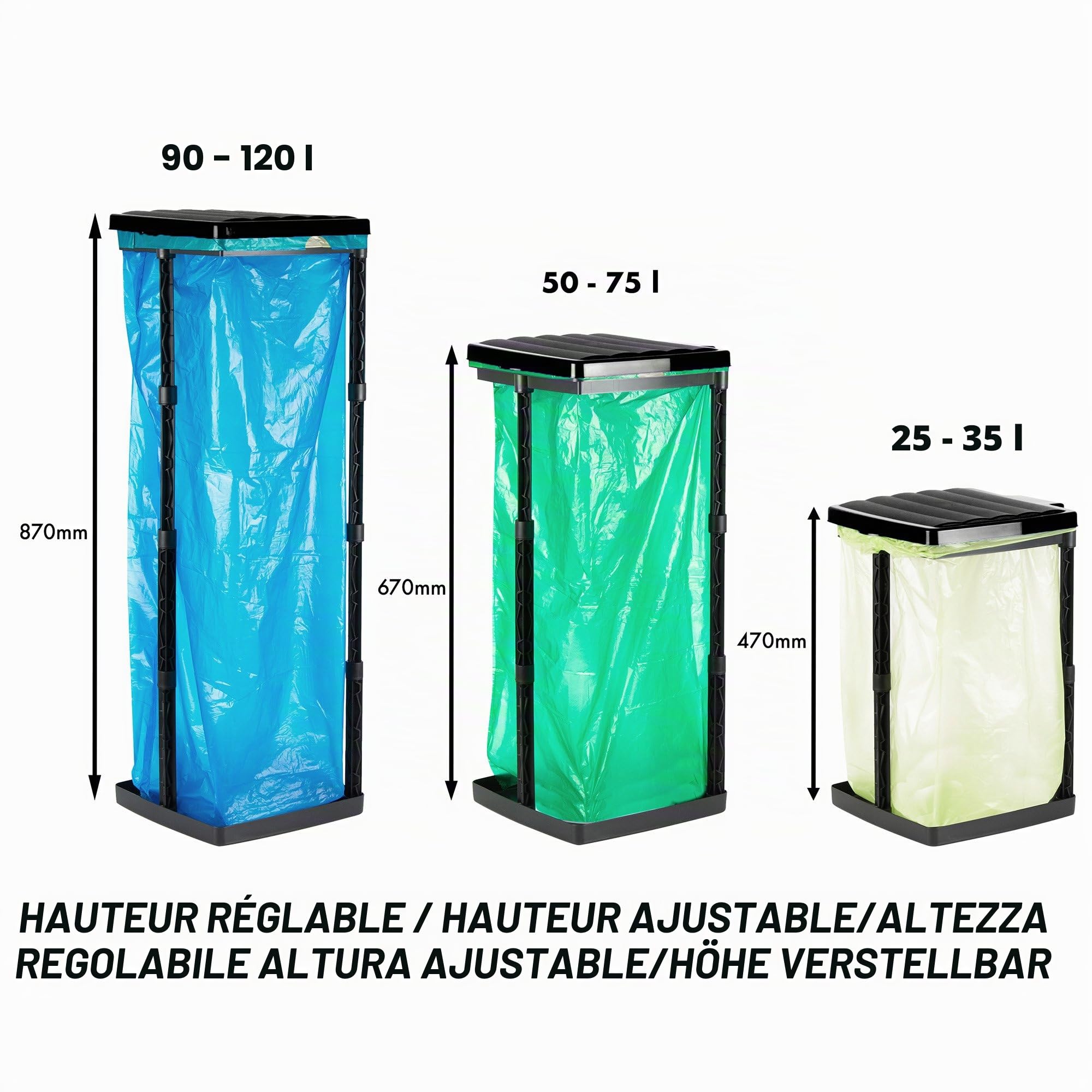 Grizzly Porte-sac, 3x porte sac poubelle avec couvercle noir, système enfichable réglable en hauteur avec anneau de serrage, pour sacs poubelles de différentes tailles de 25-120 litres