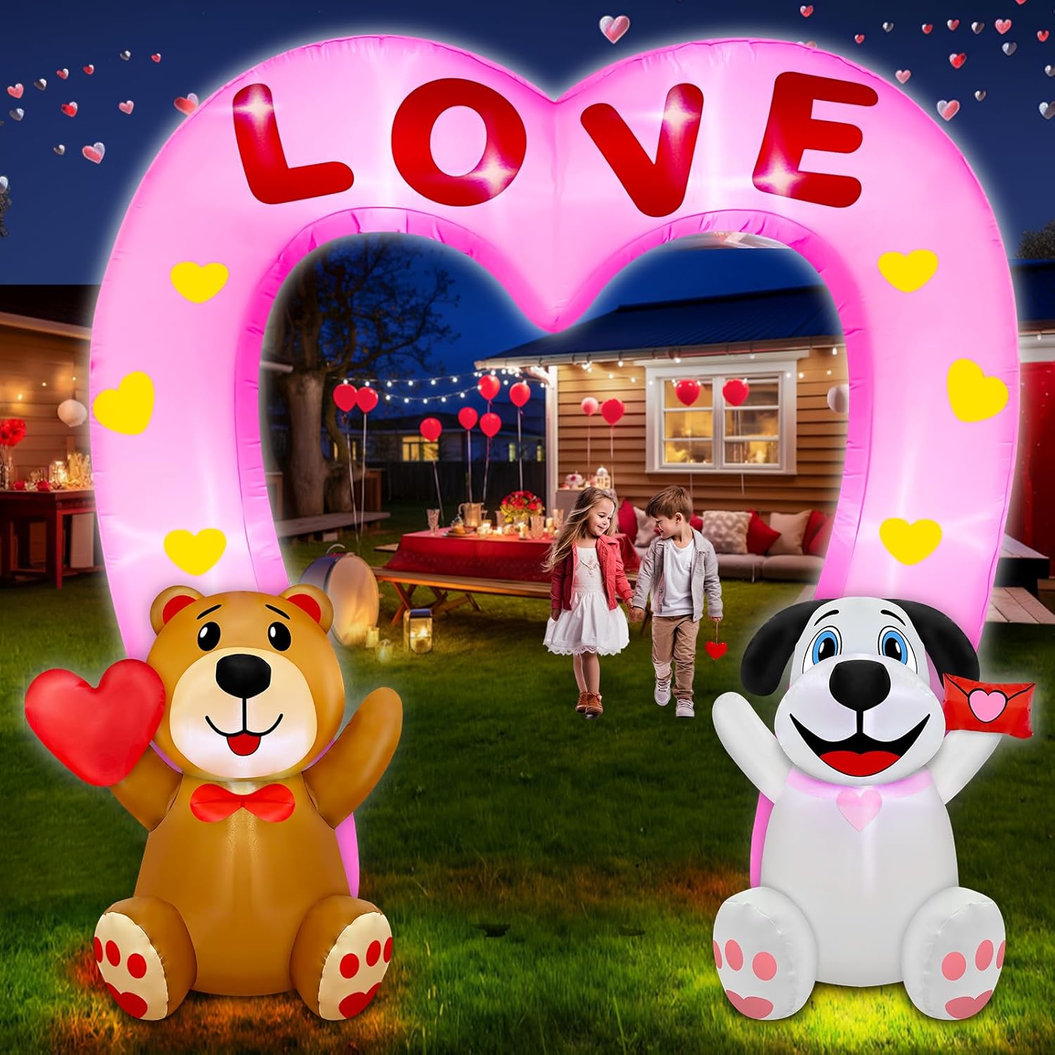 8 Feet Valentine's Day Inflatables Outdoor Bear Holds Heart, Dog Love Envelope Pink Love Archway Inflatables Romantic Valentine Blow up Build-in LED Light Valentines Day Decorations Lawn Yard Wedding