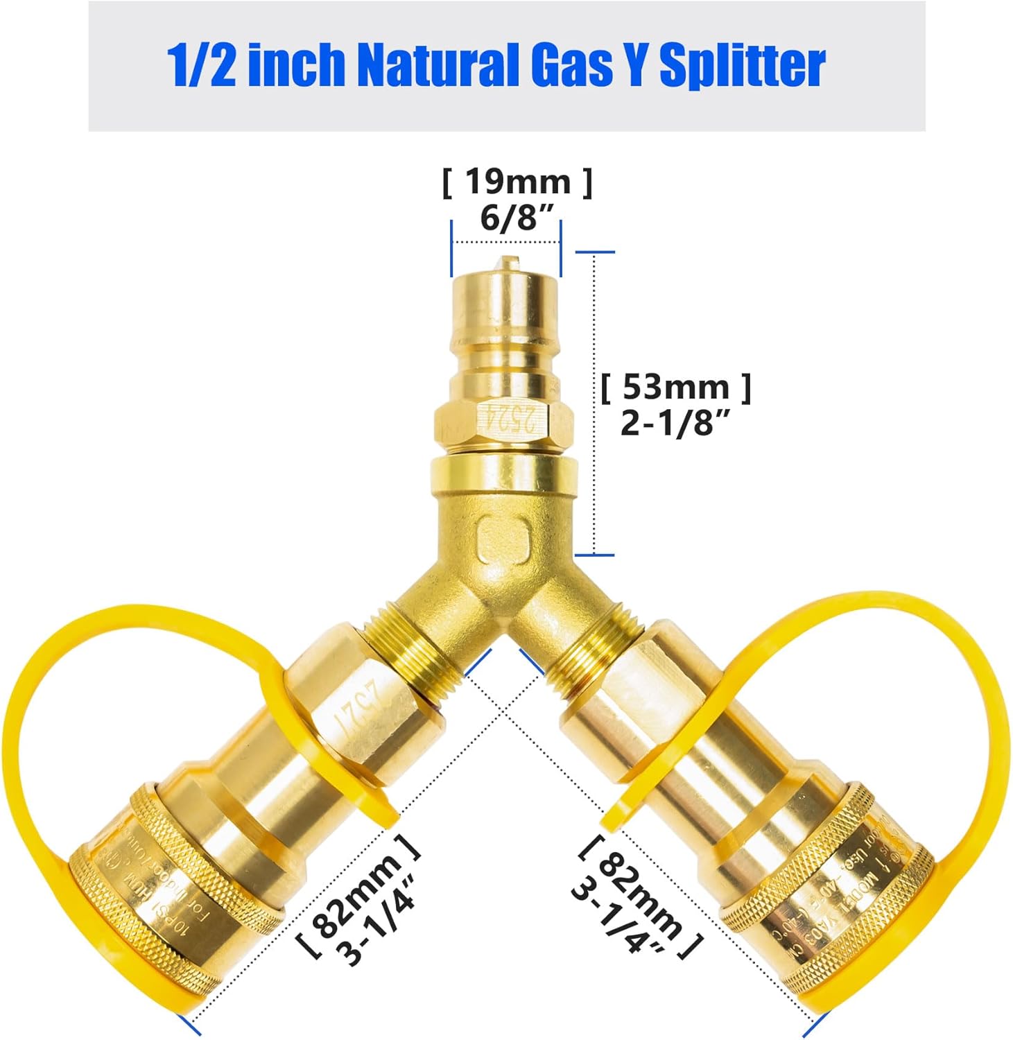 1/2 Inch Natural Gas Y Splitter, 2-Way Quick Connect Adapter with Shut-Off Valve, Low Pressure Propane and NG Separator Adapter for Grill, Pizza Oven, Patio Heater/Fire Pit, RV, Generator