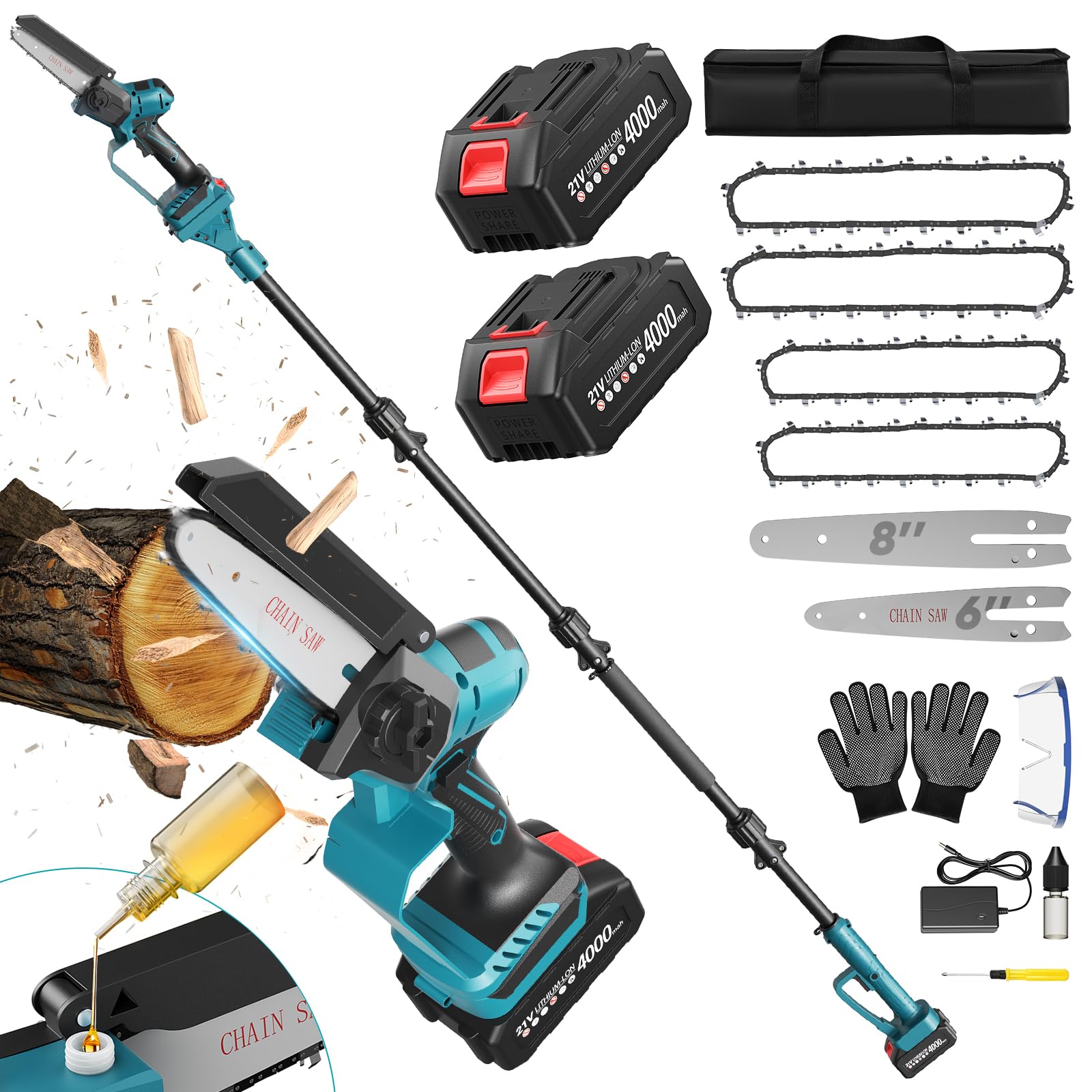 2-in-1 Mini Chainsaw & Pole Saw Combo, 6/8 Inch Cordless Electric Saw with 2 Batteries, 4-Stage Extension Pole Reaches 14ft for Tree Pruning, Lightweight Handheld Chainsaw for Garden Wood Cutting