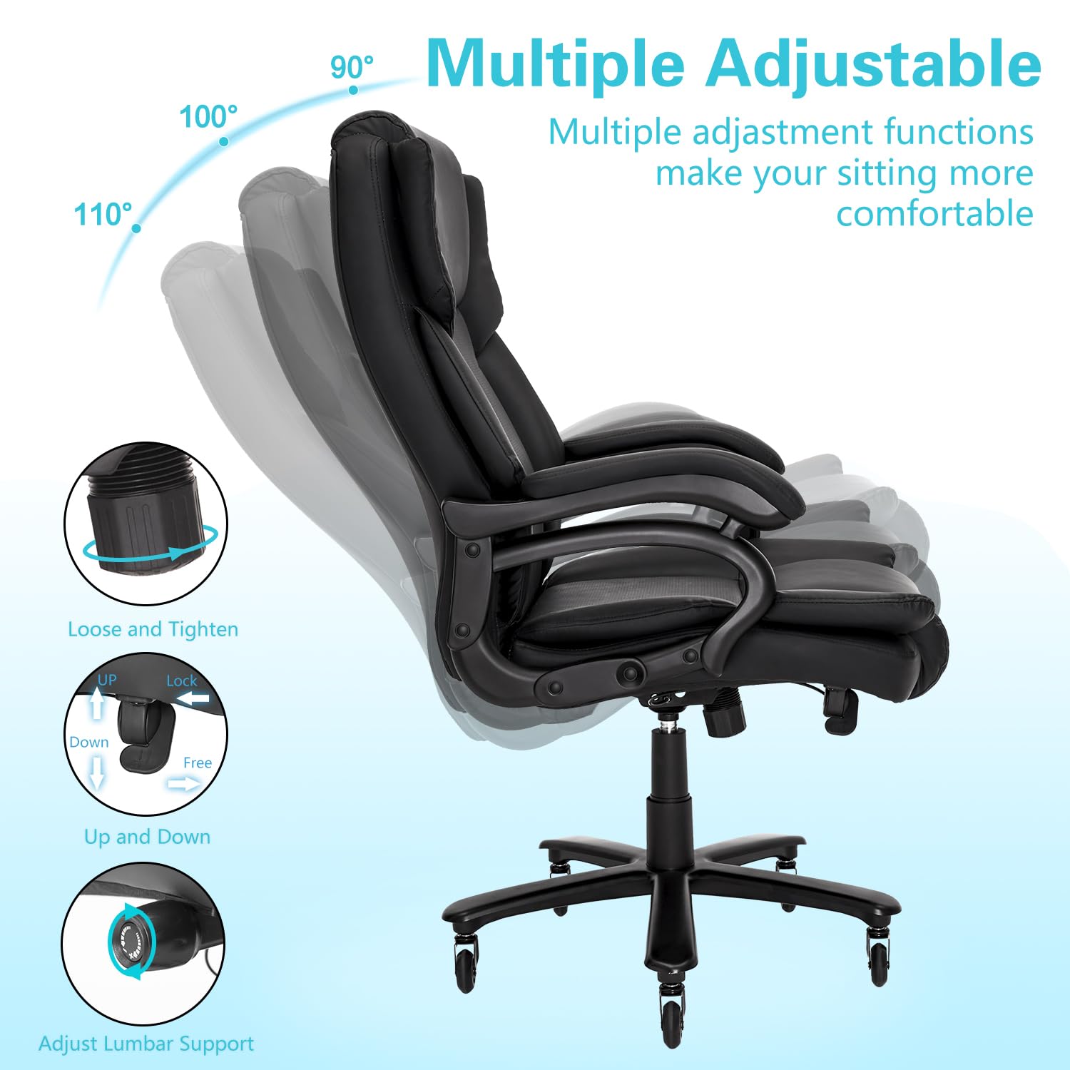 500lbs Big and Tall Office Chair, Heavy Duty Office Chair for Heavy People, High Back Executive Desk Chair with Adjustable Lumbar Support, Quiet Rubber Wheel