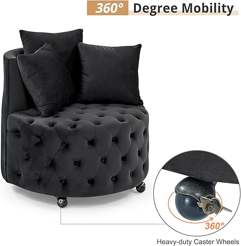 Miniatura 4 de GNIXUU Silla giratoria de barril de 30 pulgadas, moderna silla giratoria redonda de terciopelo con 3 almohadas y ruedas, cómoda silla individual