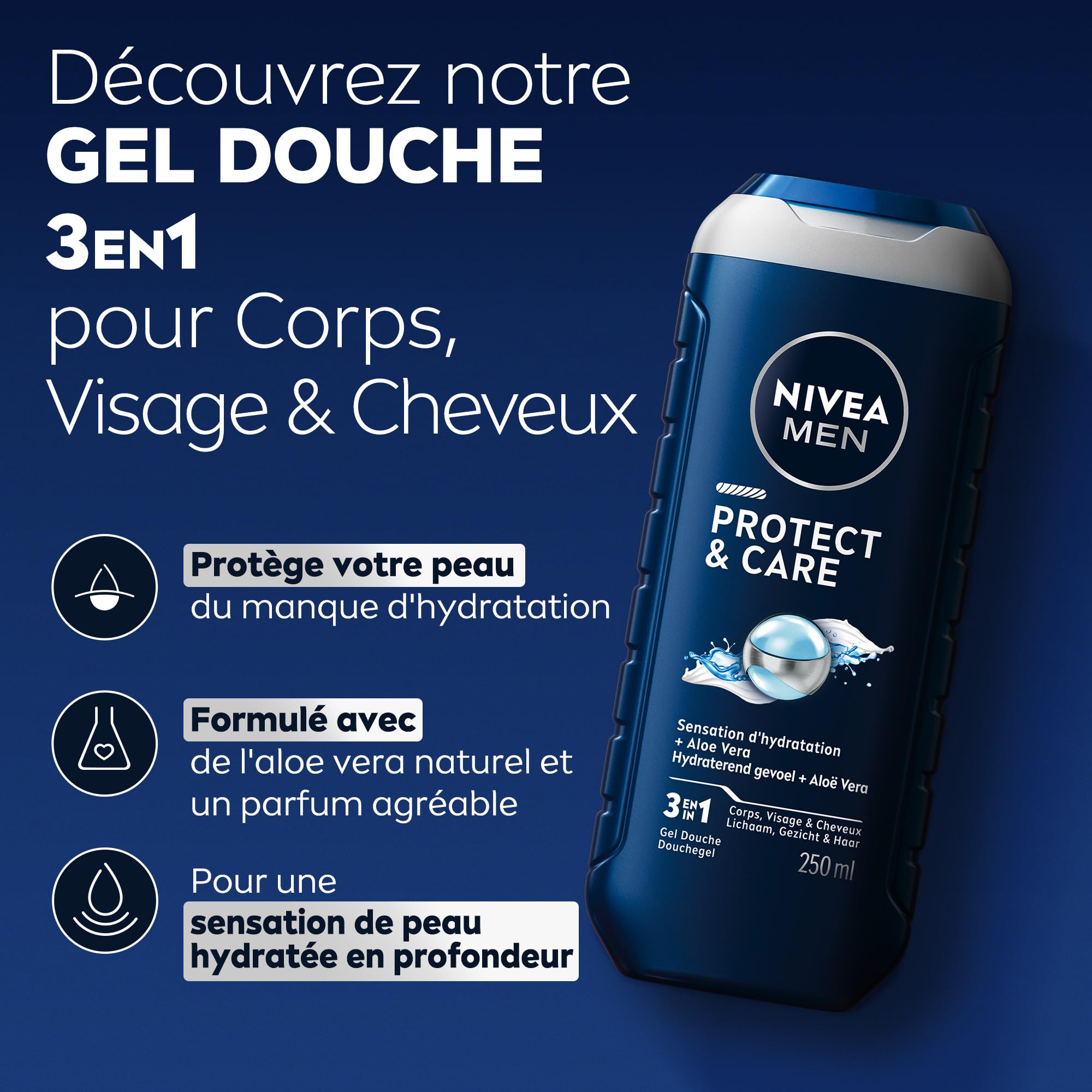 NIVEA MEN Gel douche Protect & Care (lot 6x250 ml) — Soin lavant enrichi en Aloe Vera naturel — Gel douche homme 3 EN 1 — Soin nettoyant corps visage et cheveux à la formule hydratante