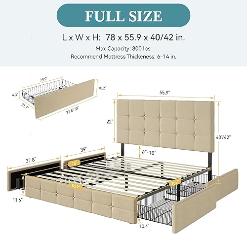 Miniatura 99 de HOOMIC Base de cama de almacenamiento de plataforma de tamaño matrimonial con 4 cajones y cabecera ajustable, listones de madera, no necesita Negro,