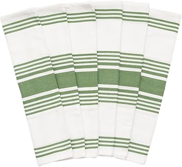 Olive Green Dish Towels - Highly Absorbent, Lint-Free, 100% Cotton, 6 Pack, 30"x20", Large Size Olive Green Striped Kitchen Towels with Hanging Loop - Washable and Durable Green Tea Towels 6 Pack