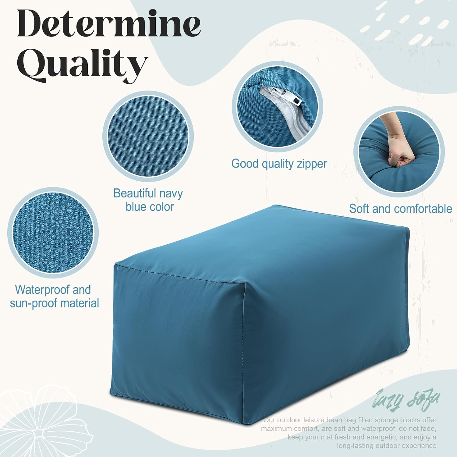 Briwooody Outdoor Bean Bag Chair Ottoman 26 x 18 x 14 Inch Patio Footrest, Waterproof Outdoor Pouf with Sponge Block Filling, Soft Extra Seat for Poolside, Deck, Porch, Boat, Blue