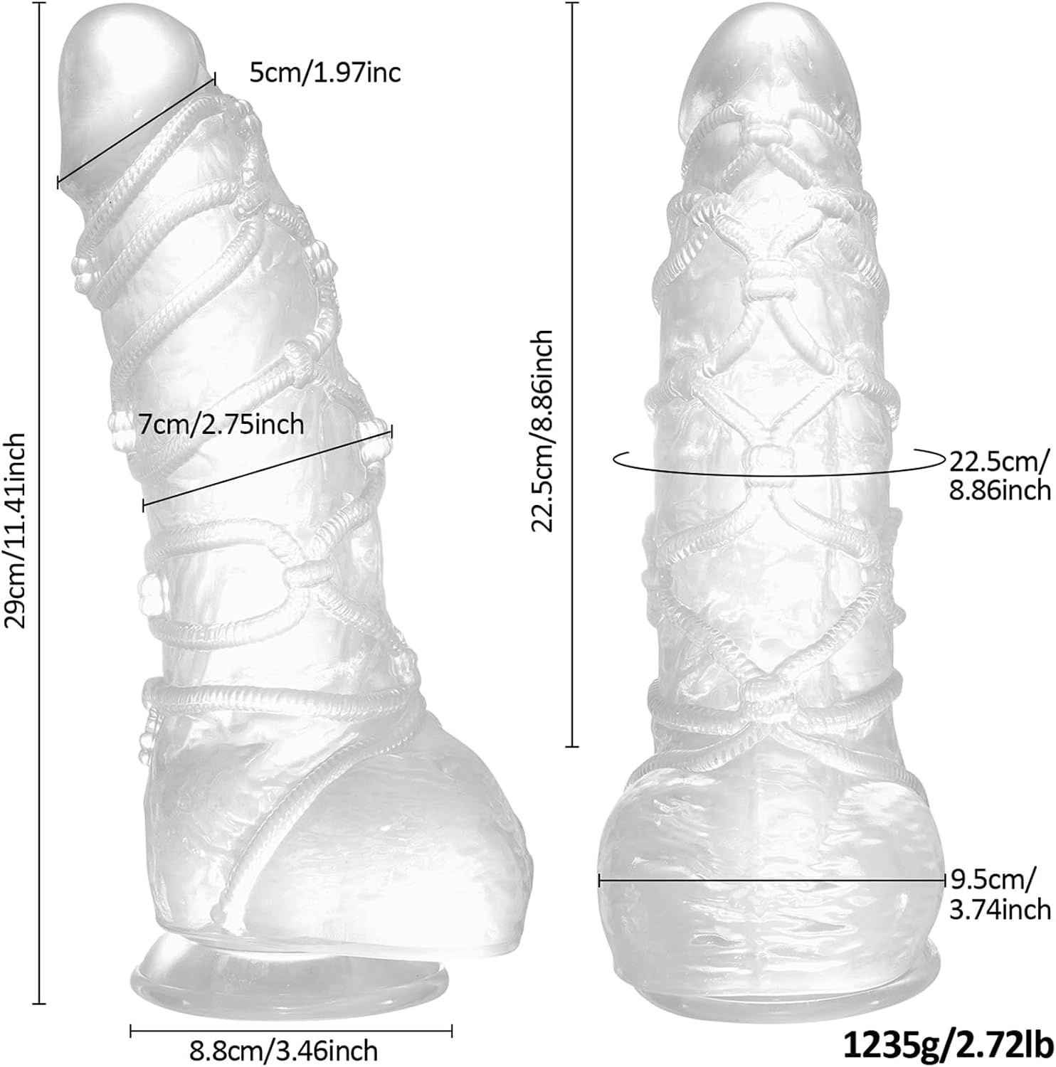 11.41 inch Realistic Huge Thick Dildo, 2.75'' Diameter Large Dildos with Unique Rope Kots Shape and Strong Suction Cup for Anal Play, Lifelike G Spot Stimulation Penis Sex Toys for Women Men - Clear