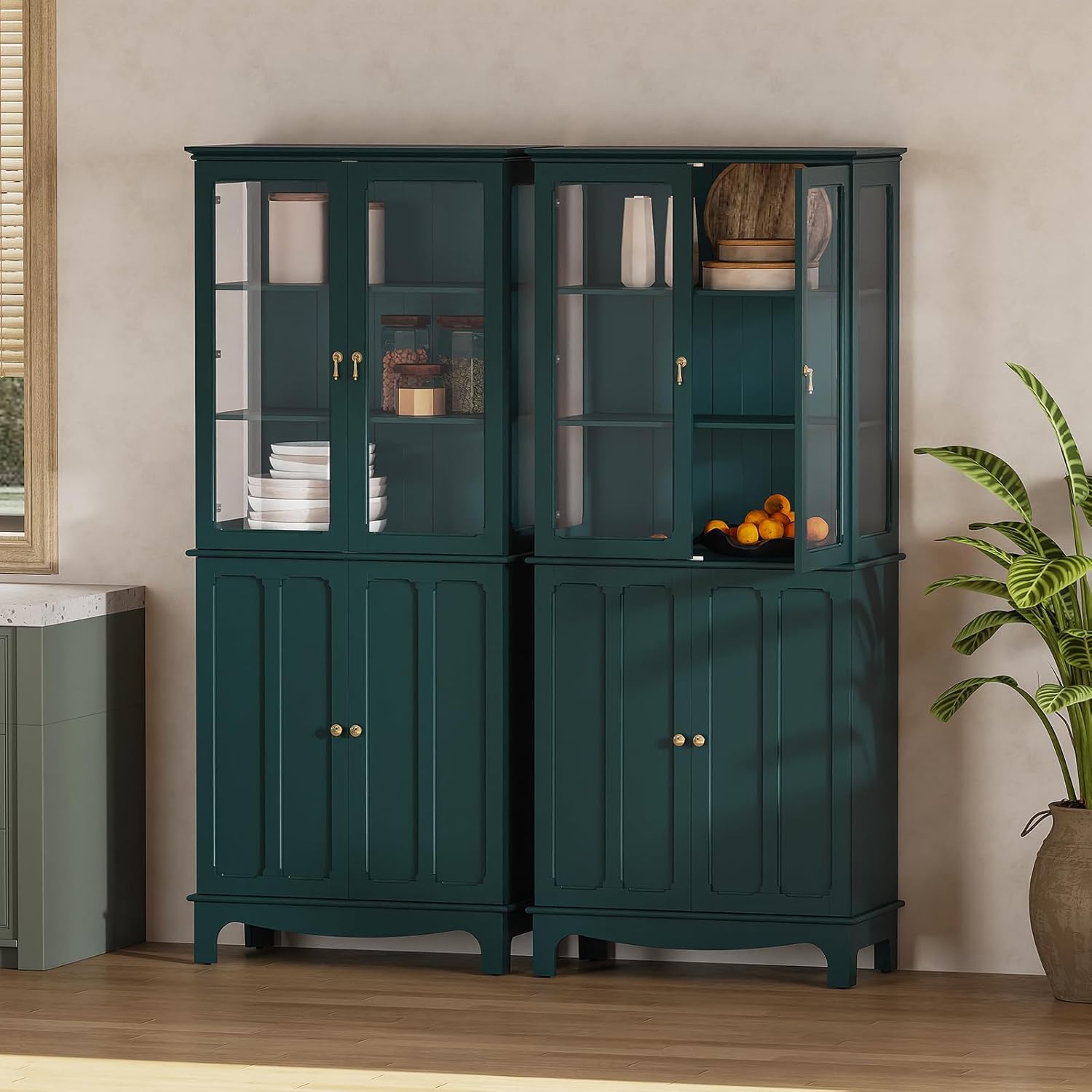 ARTPOWER 72" Freestanding Kitchen Pantry Storage Sideboard, Classical Tall Cabinet with Glass Door and Adjustable Shelves for Kitchen, Livingroom and Dining Room, Dark Teal