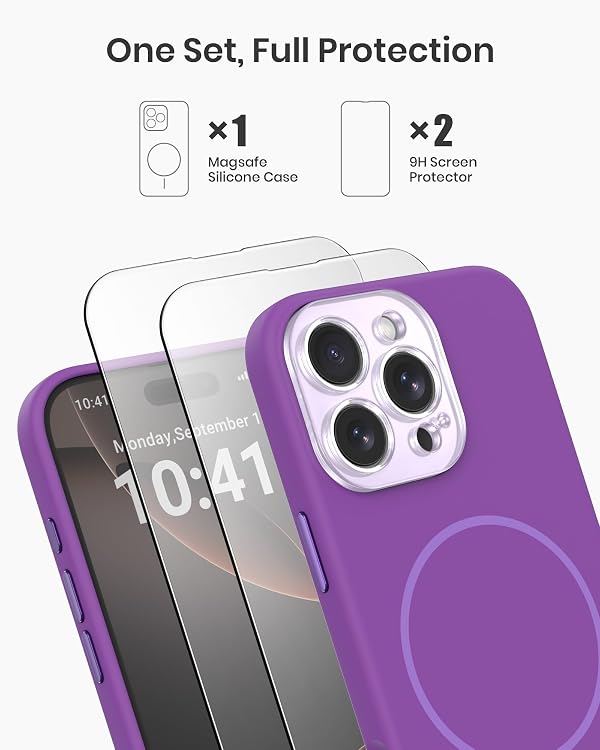 BNAAGO Magnetic Silicone Case for iPhone 16 Pro Max Case with 2 Screen Protector, Upgraded Hard Acrylic Camera Protector Soft Slim Stylish Cute Phone Cover Compatible with MagSafe, Purple by BNAAGO - Image 5