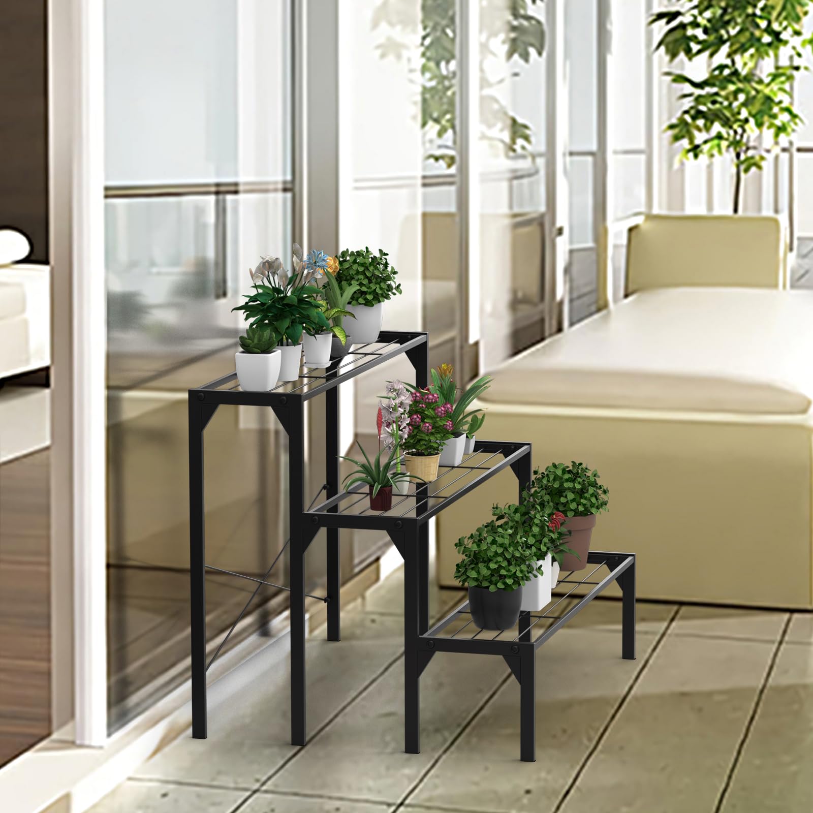 Étagère pour plantes à échelle en métal, porte-fleurs, support multi-usage et robuste pour fleurs à 3 niveaux, piédestal pour plantes de balcon, jardin, noir (86,4 x 66 x 66 cm)